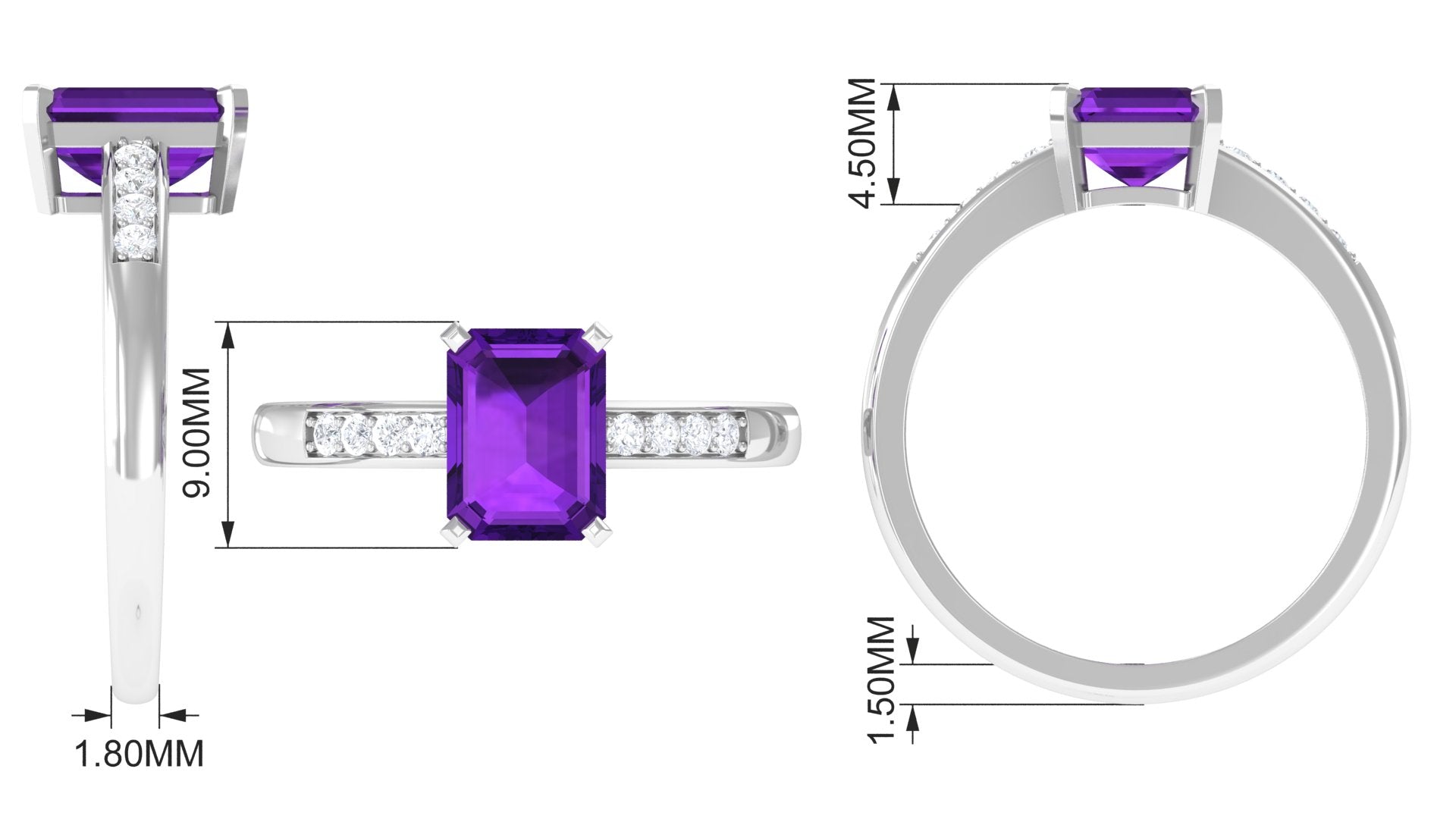 Octagon Cut Amethyst Solitaire Engagement Ring with Diamond Side Stones Amethyst - ( AAA ) - Quality - Rosec Jewels