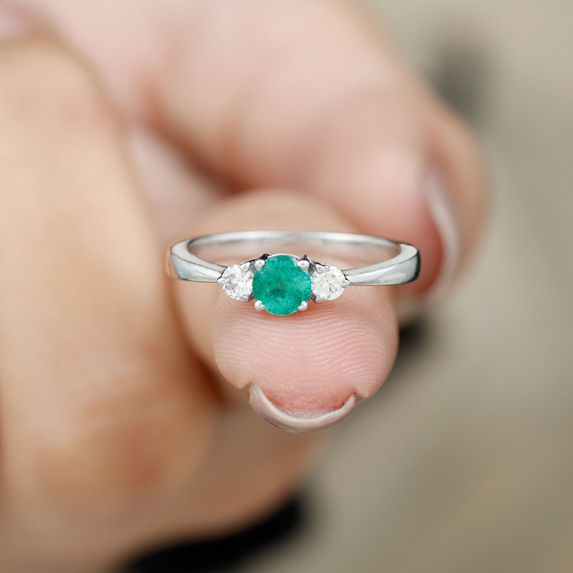 Round Shape Real Emerald and Diamond Three Stone Promise Ring Emerald - ( AAA ) - Quality - Rosec Jewels