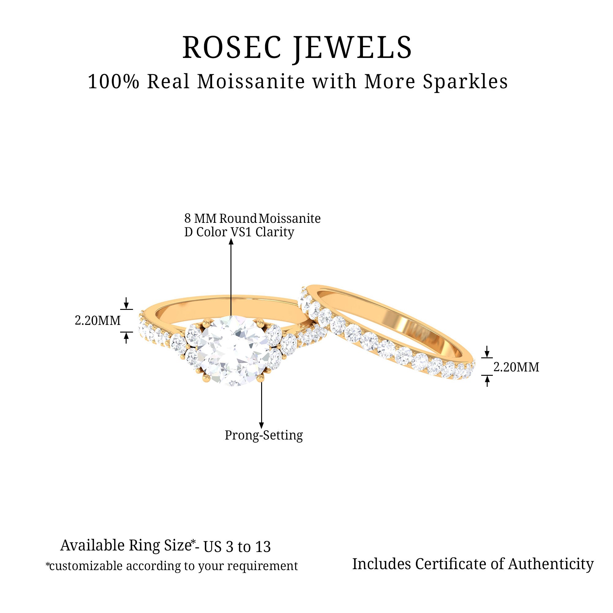 Round Cut Certified Moissanite Classic Wedding Ring Set in Gold Moissanite - ( D-VS1 ) - Color and Clarity - Rosec Jewels