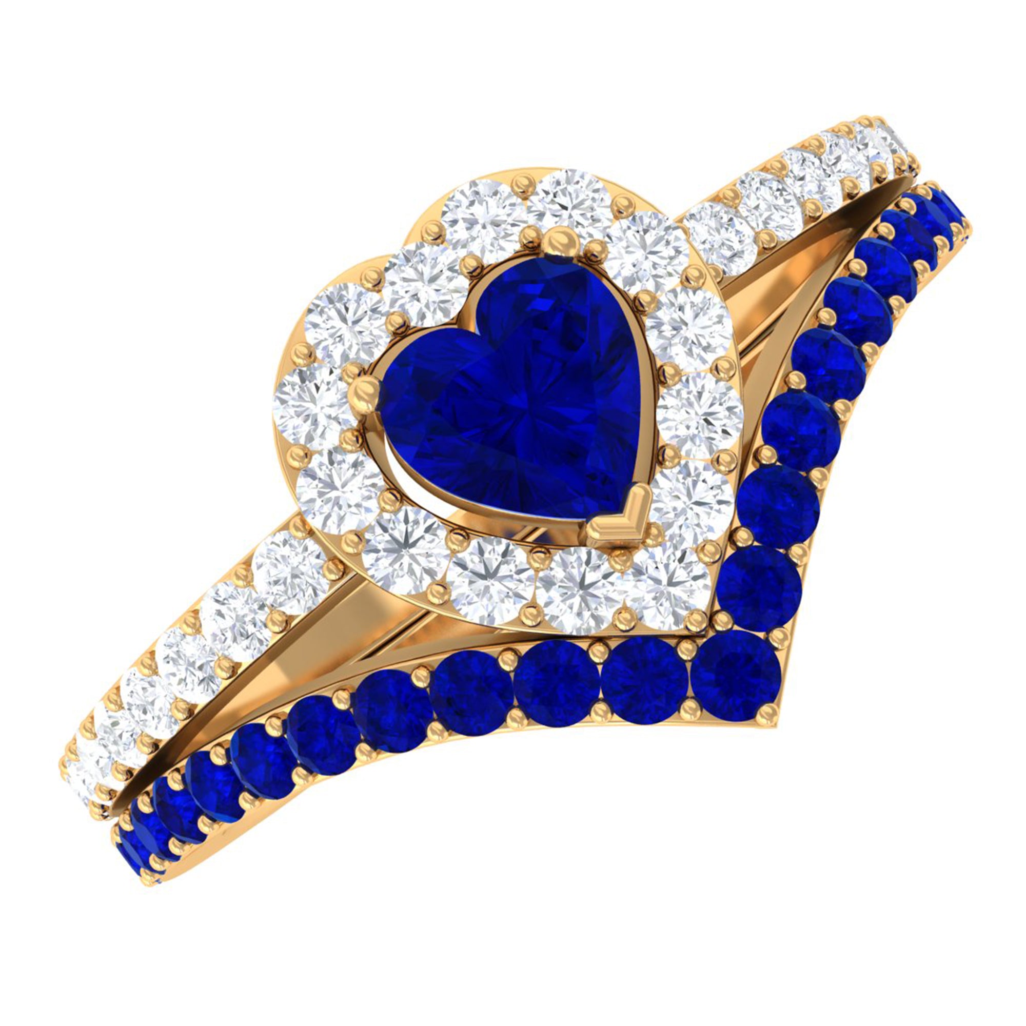 1 CT Created Blue Sapphire and Diamond Heart Wedding Ring Set Lab Created Blue Sapphire - ( AAAA ) - Quality - Rosec Jewels