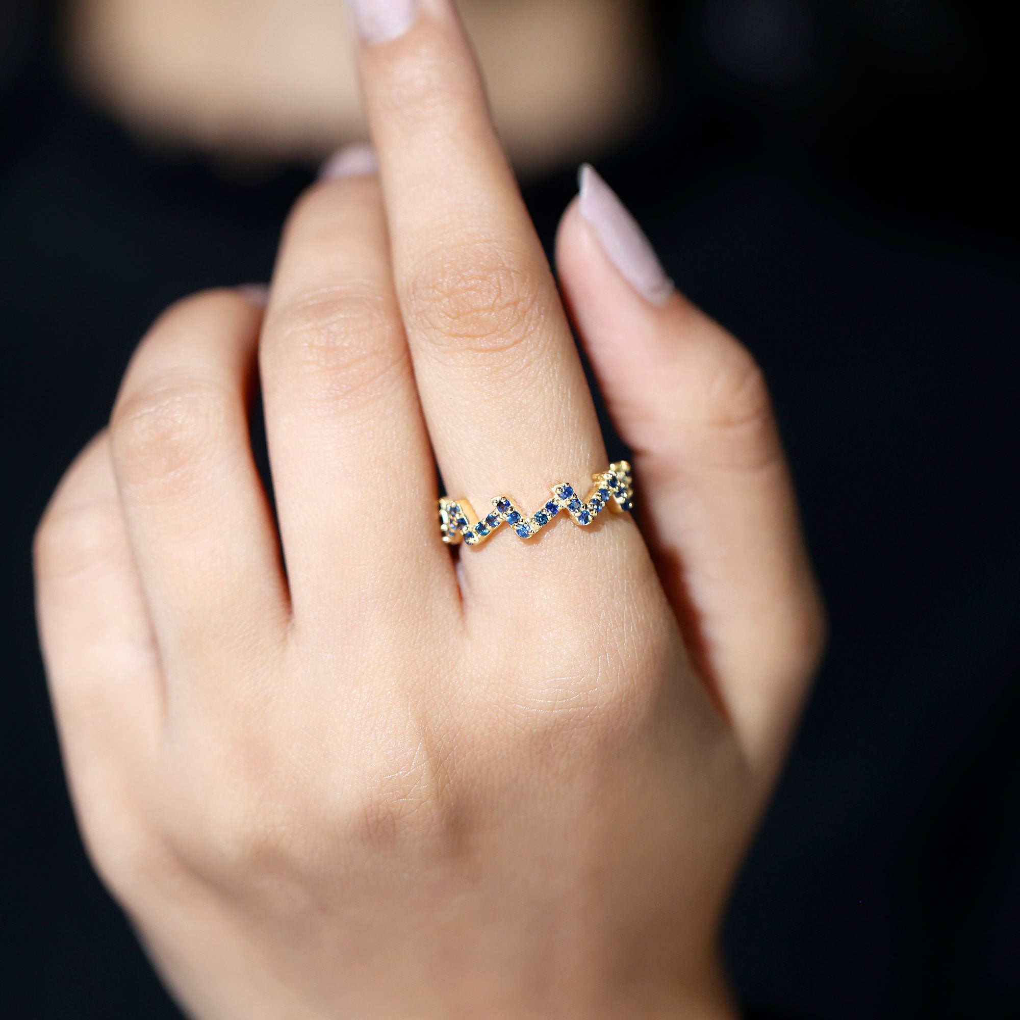 Real Blue Sapphire Zig Zag Semi Eternity Ring Blue Sapphire - ( AAA ) - Quality - Rosec Jewels