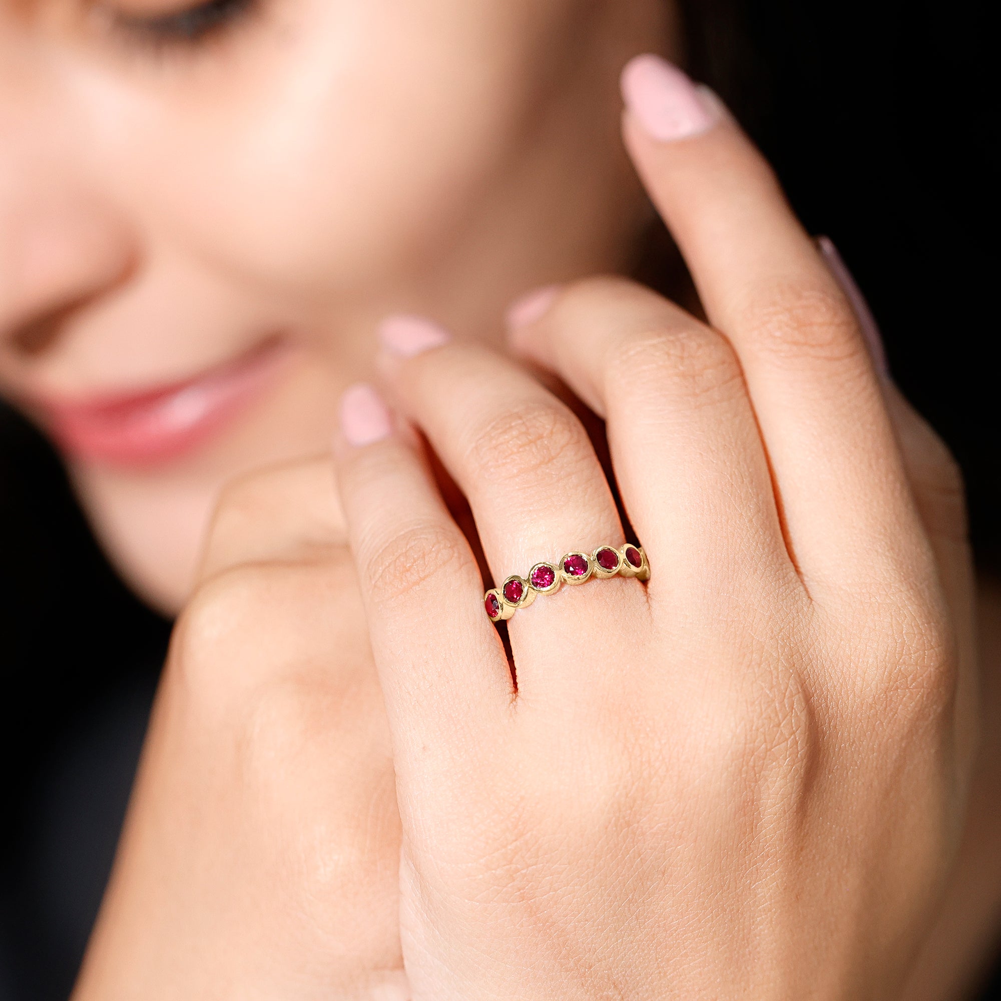 Minimal Created Ruby Half Eternity Ring in Bezel Setting Lab Created Ruby - ( AAAA ) - Quality - Rosec Jewels