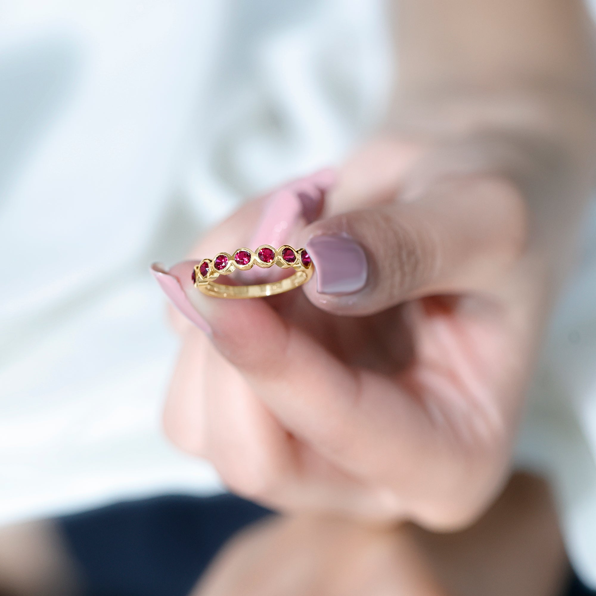 Minimal Created Ruby Half Eternity Ring in Bezel Setting Lab Created Ruby - ( AAAA ) - Quality - Rosec Jewels