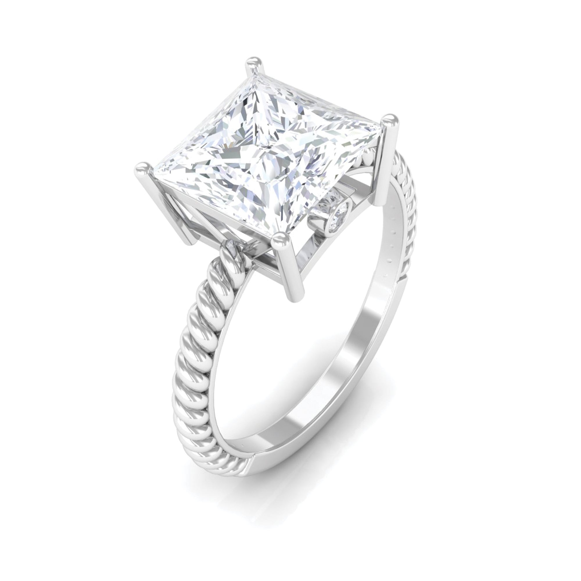 Princess Cut Moissanite Solitaire Ring with Gold Twisted Rope Moissanite - ( D-VS1 ) - Color and Clarity - Rosec Jewels