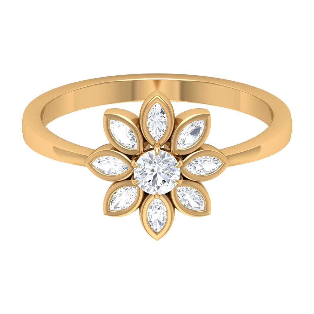 Round and Marquise Zircon Flower Ring Zircon - ( AAAA ) - Quality - Rosec Jewels