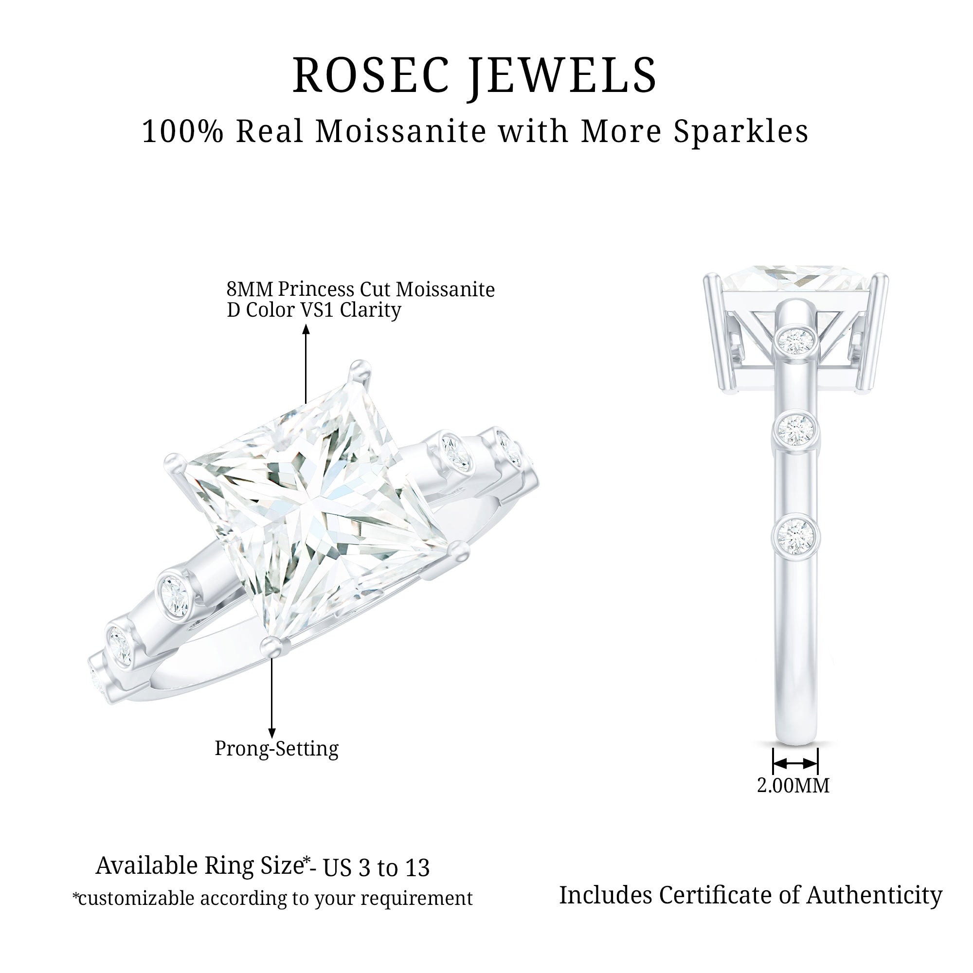 Rosec Jewels-3 CT Princess Cut Moissanite Solitaire Ring in Prong Setting and Hidden Style with Spaced Set Side Stones