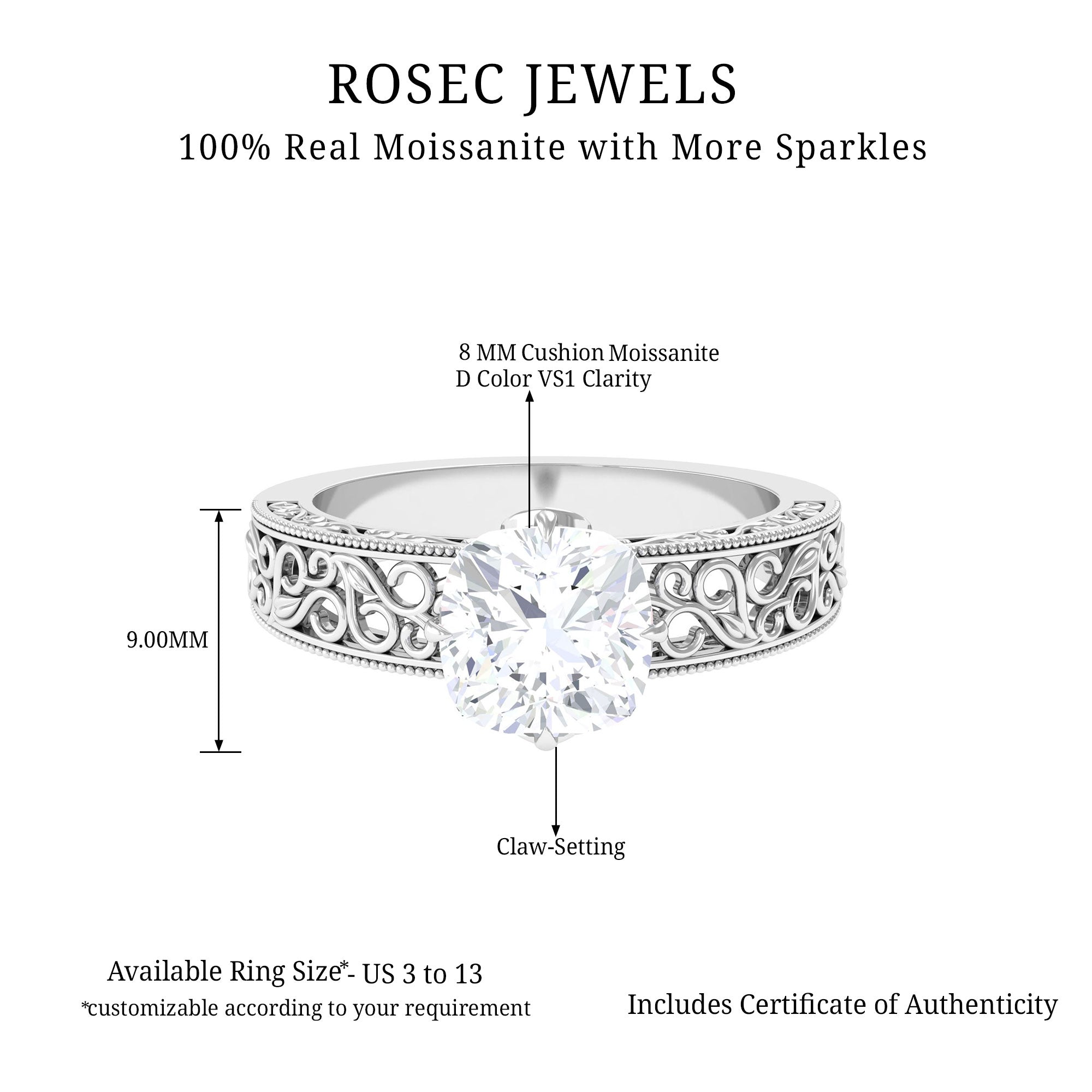 8 MM Cushion Cut Moissanite Solitaire Ring with Filigree Details Moissanite - ( D-VS1 ) - Color and Clarity - Rosec Jewels