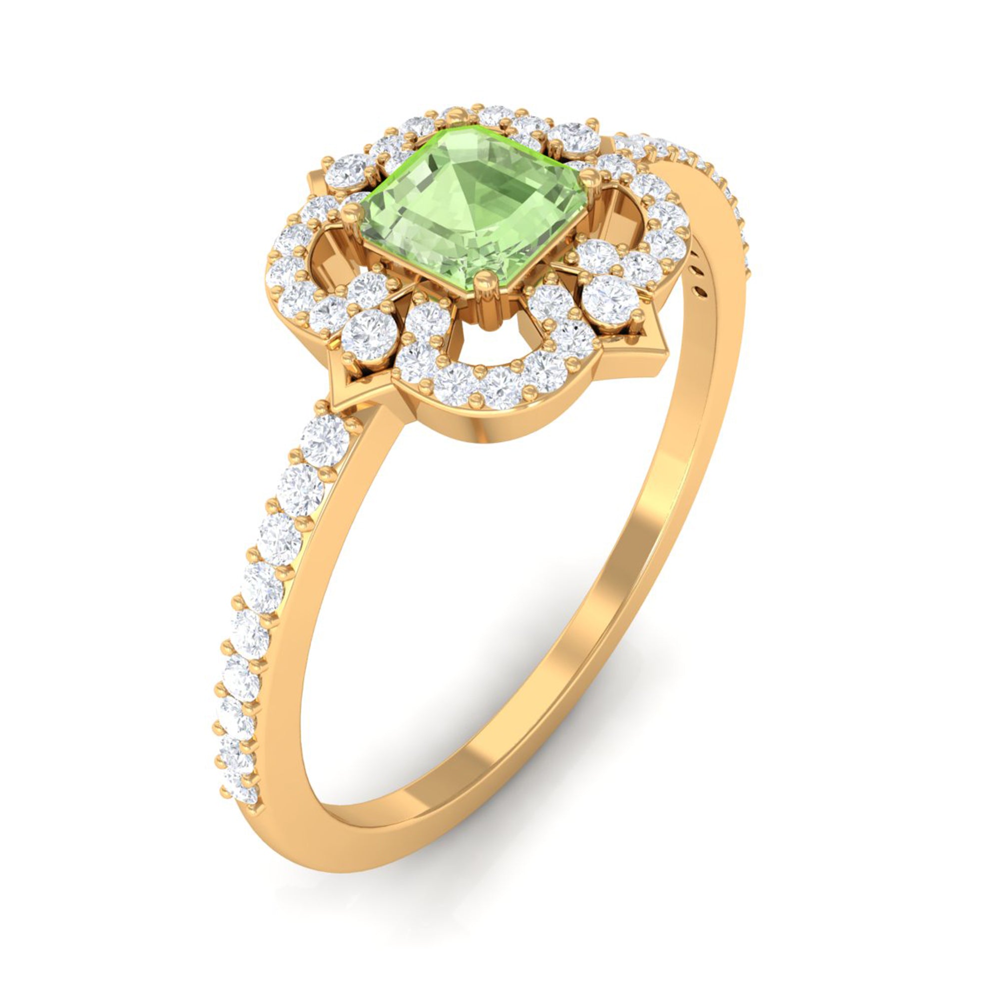 Asscher Cut Created Green Sapphire Statement Engagement Ring with Diamond Halo Lab Created Green Sapphire - ( AAAA ) - Quality - Rosec Jewels