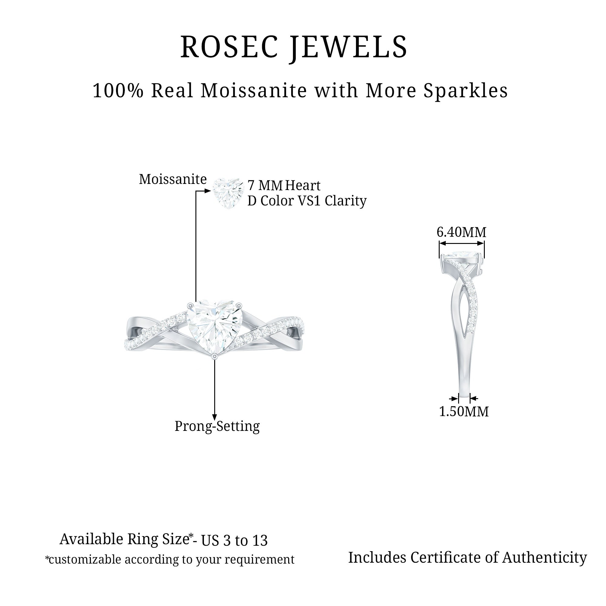 1.25 CT Heart Shape Solitaire Moissanite Crossover Engagement Ring Moissanite - ( D-VS1 ) - Color and Clarity - Rosec Jewels