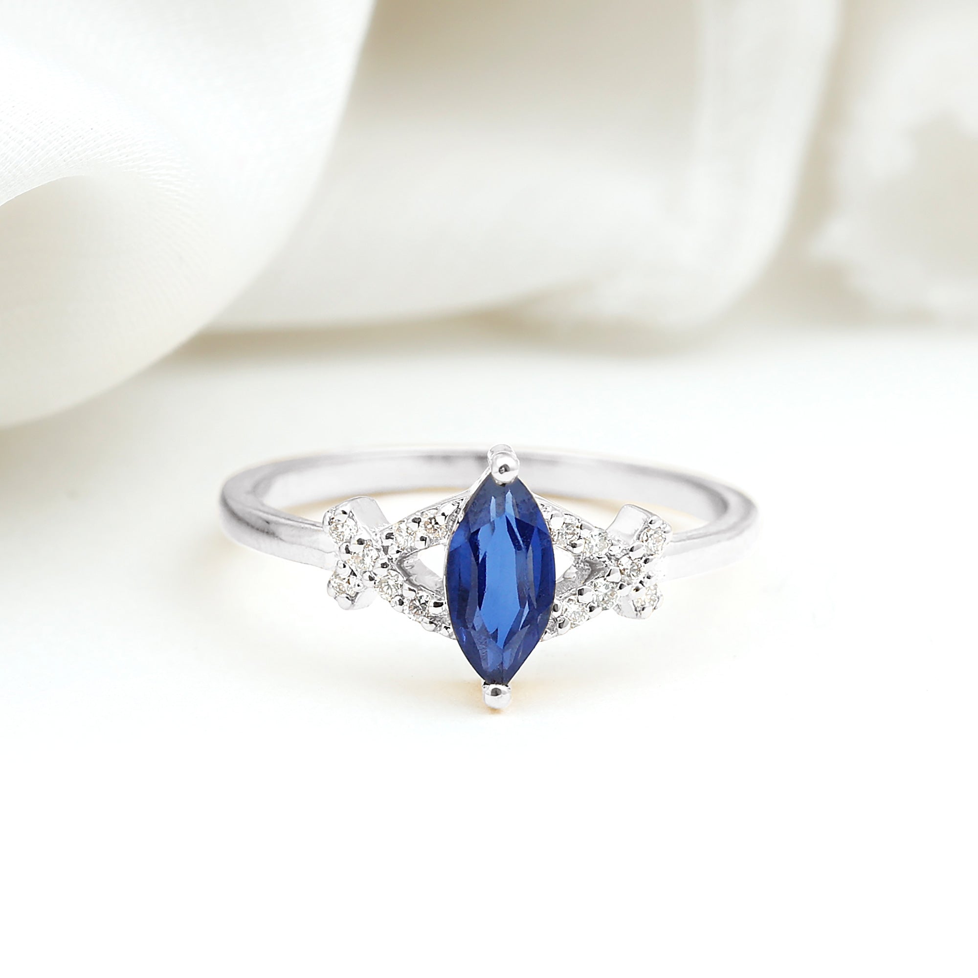 Created Blue Sapphire Minimal Engagement Ring With Diamond Lab Created Blue Sapphire - ( AAAA ) - Quality - Rosec Jewels