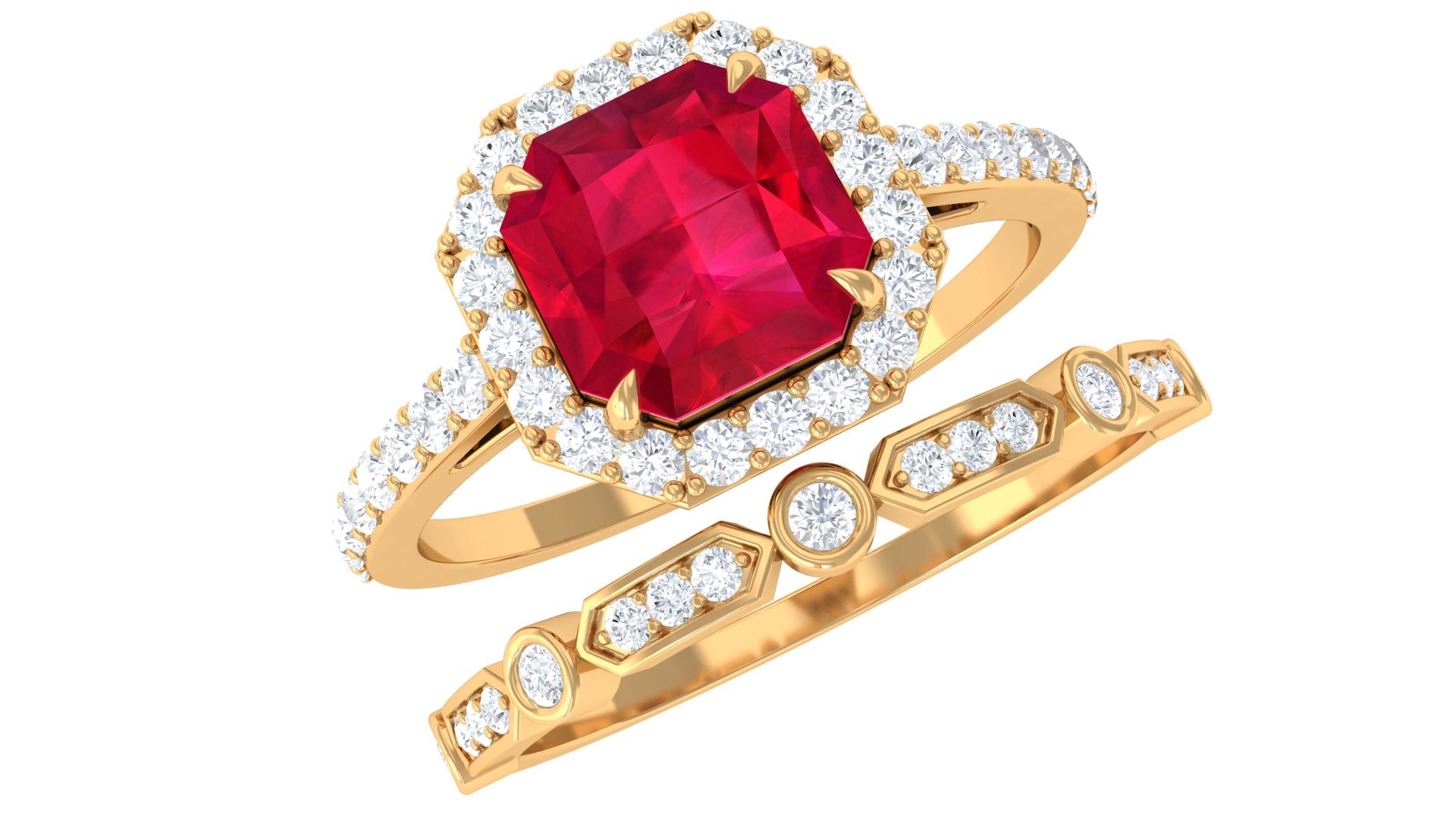 Asscher Created Ruby Stackable Ring Set Lab Created Ruby - ( AAAA ) - Quality - Rosec Jewels