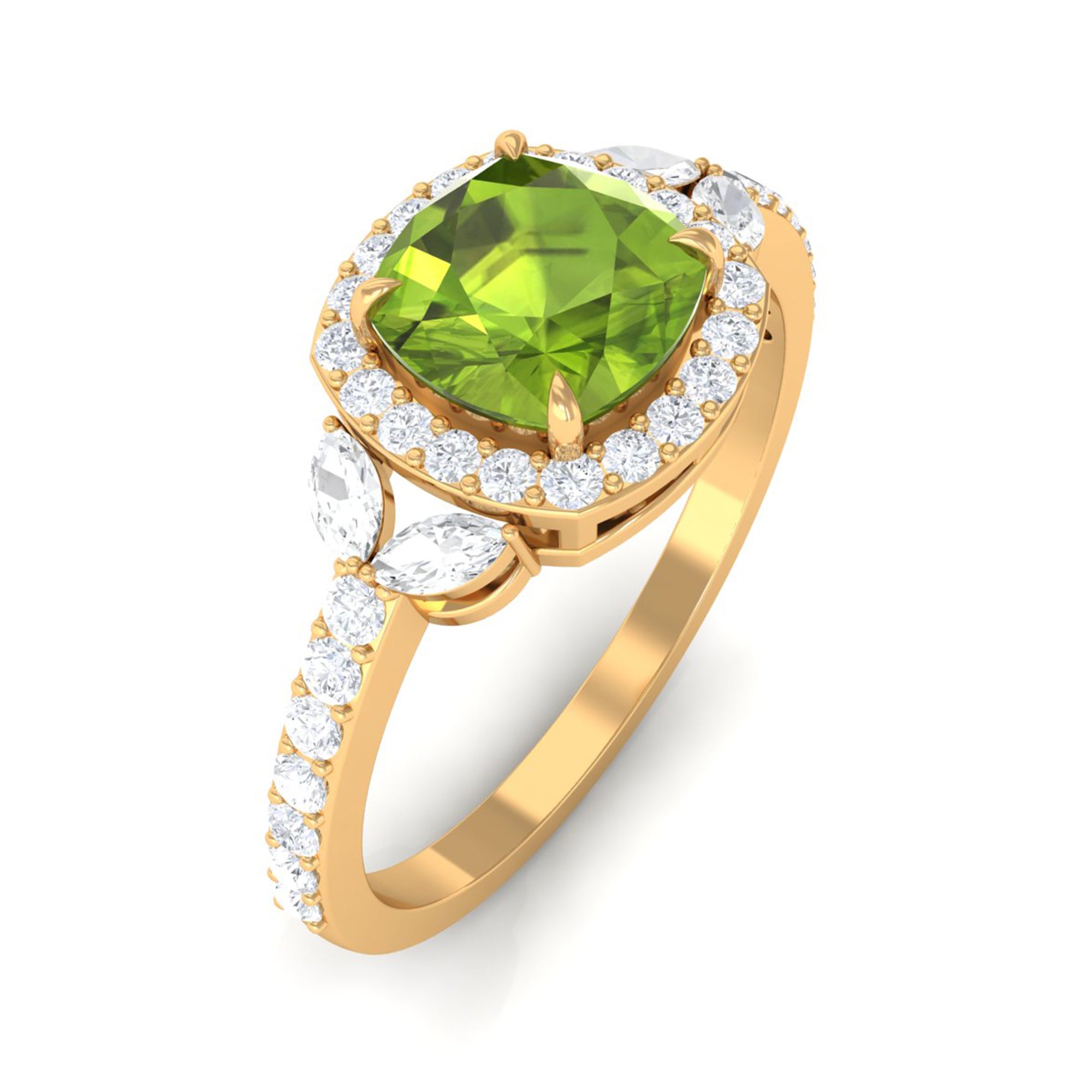 Natural Peridot Halo Engagement Ring with Diamond Peridot - ( AAA ) - Quality - Rosec Jewels