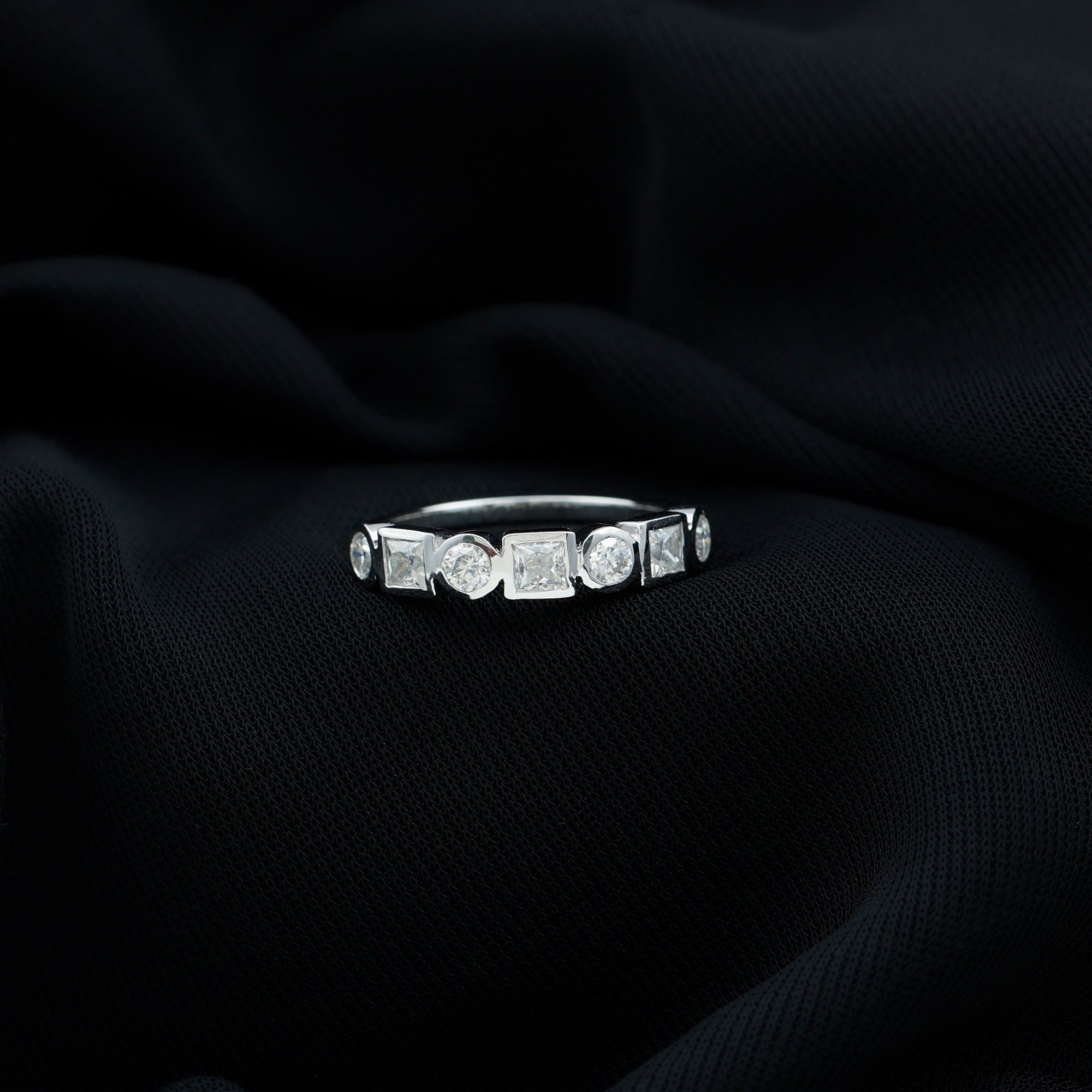 1 Carat Alternate Bezel Set Moissanite Half Eternity Band in Silver Moissanite - ( D-VS1 ) - Color and Clarity 92.5 Sterling Silver 5.5 - Rosec Jewels