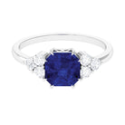 Asscher Cut Created Blue Sapphire Solitaire Engagement Ring with Diamond Trio Lab Created Blue Sapphire - ( AAAA ) - Quality - Rosec Jewels