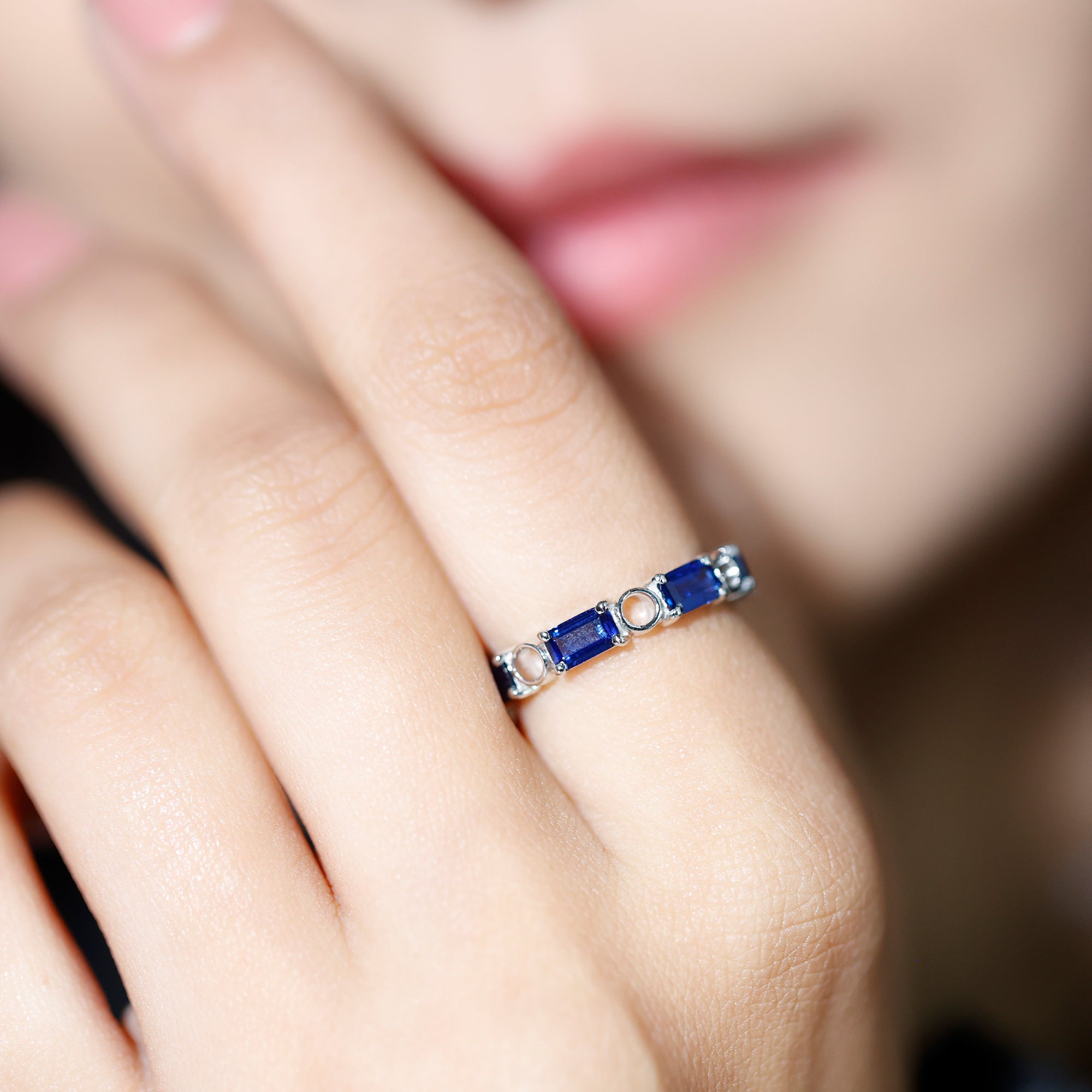 Octagon Cut Created Blue Sapphire East West Eternity Band Ring Lab Created Blue Sapphire - ( AAAA ) - Quality - Rosec Jewels