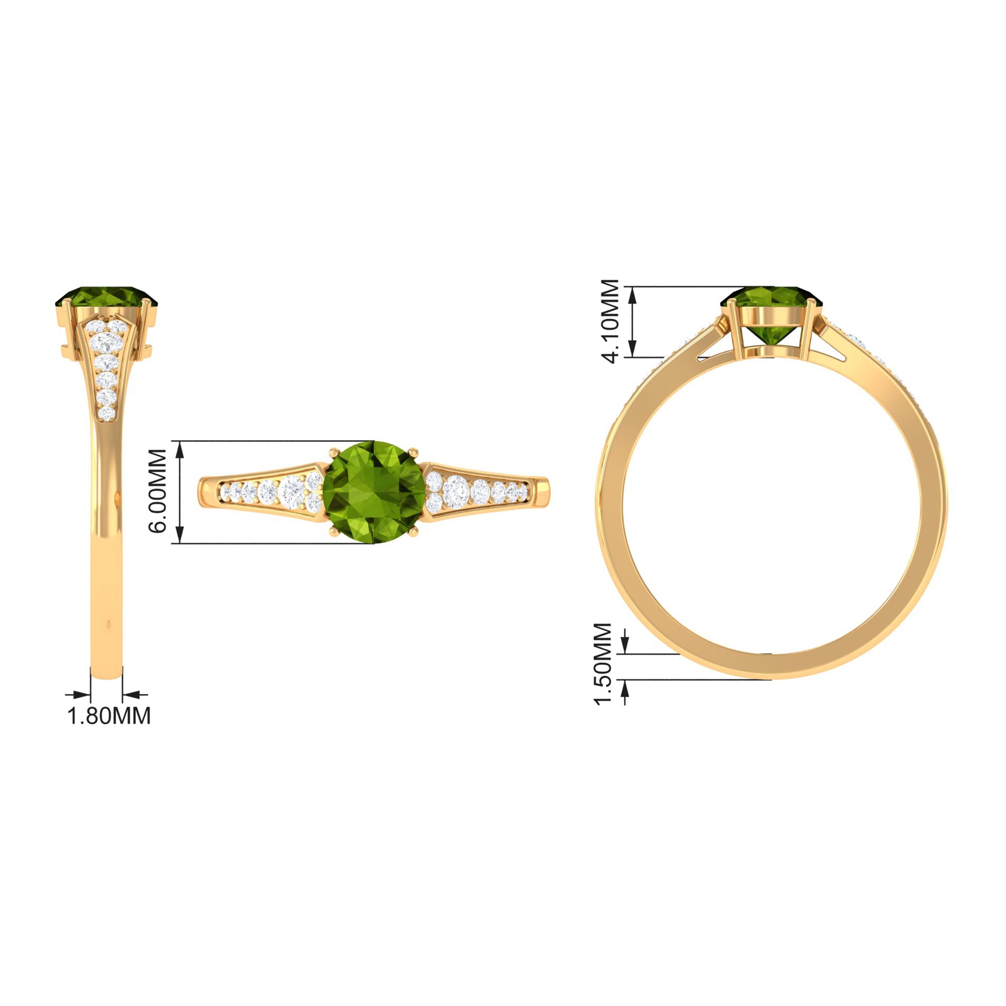 Round Peridot Solitaire Ring with Diamond Side Stones Peridot - ( AAA ) - Quality - Rosec Jewels