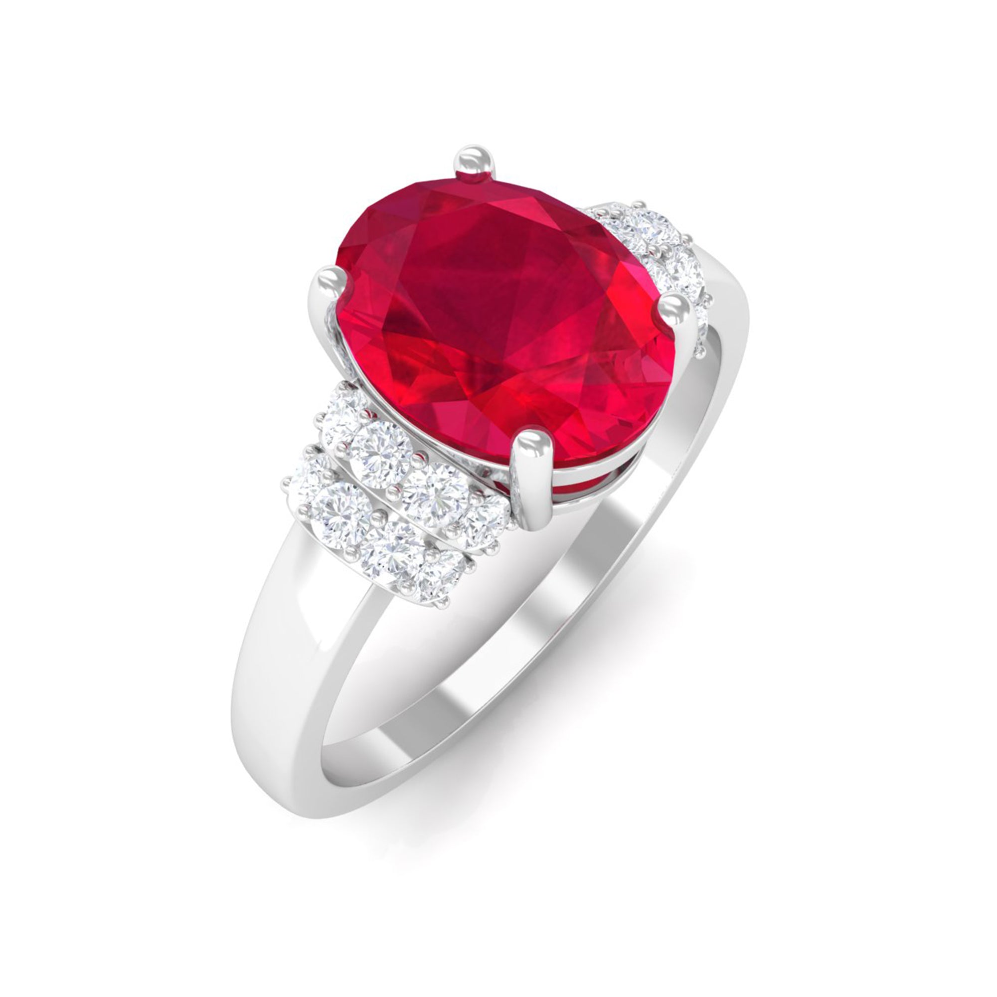 Created Ruby Oval Engagement Ring with Diamond Lab Created Ruby - ( AAAA ) - Quality - Rosec Jewels