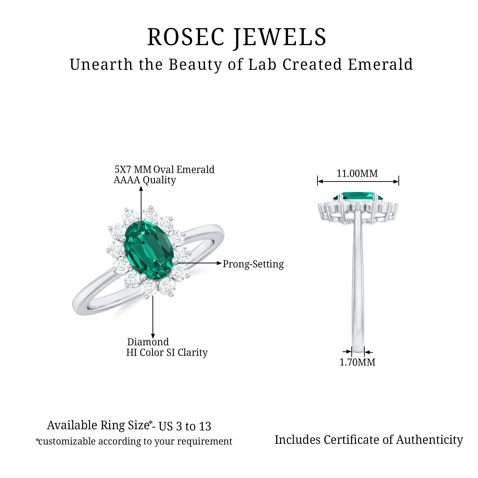 Princess Diana Inspired Created Emerald and Diamond Ring Lab Created Emerald - ( AAAA ) - Quality - Rosec Jewels