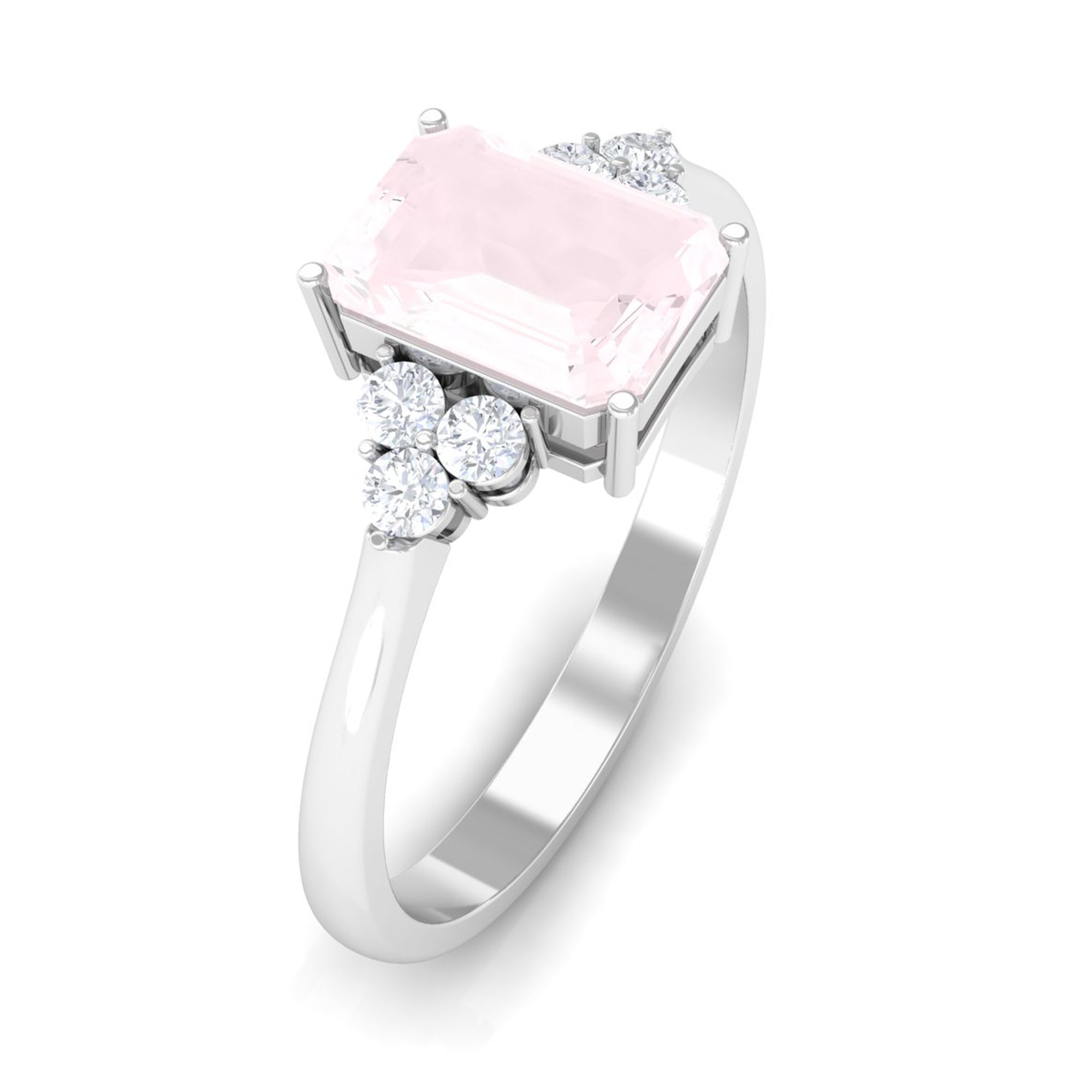 Emerald Cut Rose Quartz Solitaire Engagement Ring with Diamond Trio Rose Quartz - ( AAA ) - Quality - Rosec Jewels