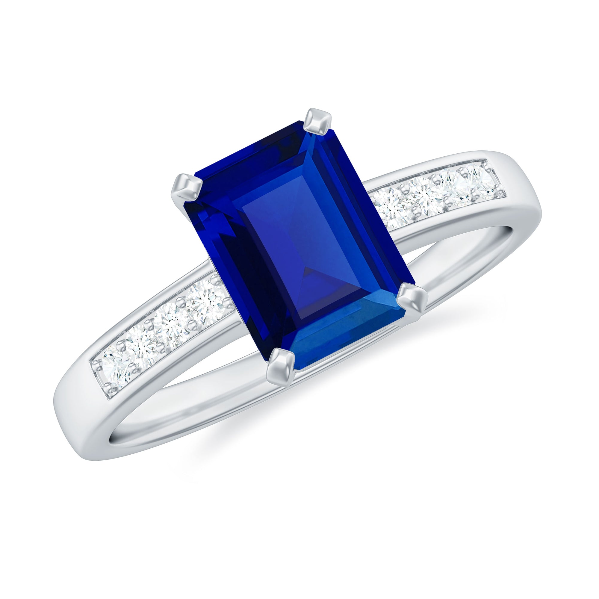 Created Blue Sapphire Solitaire Ring with Diamond Lab Created Blue Sapphire - ( AAAA ) - Quality - Rosec Jewels