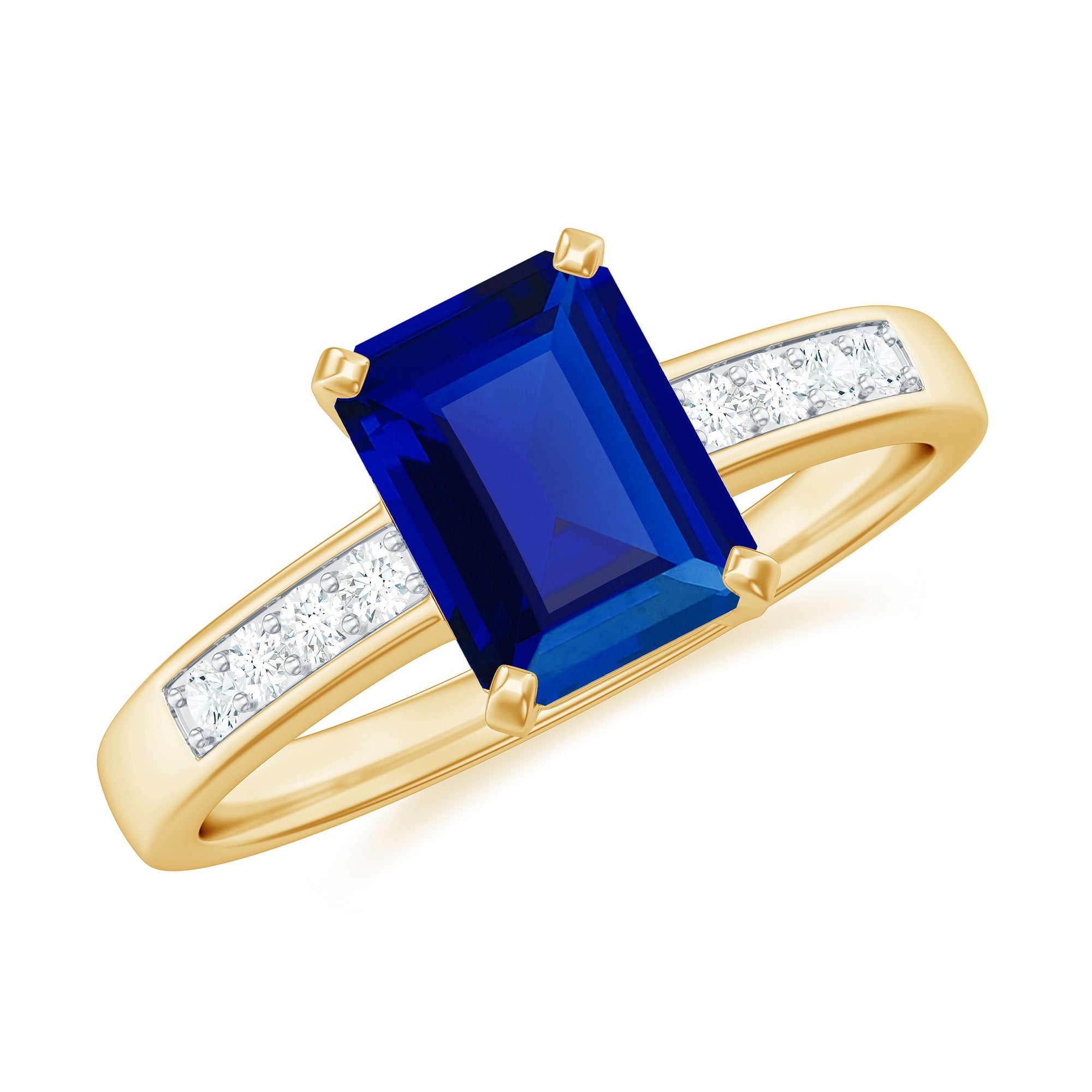 Created Blue Sapphire Solitaire Ring with Diamond Lab Created Blue Sapphire - ( AAAA ) - Quality - Rosec Jewels