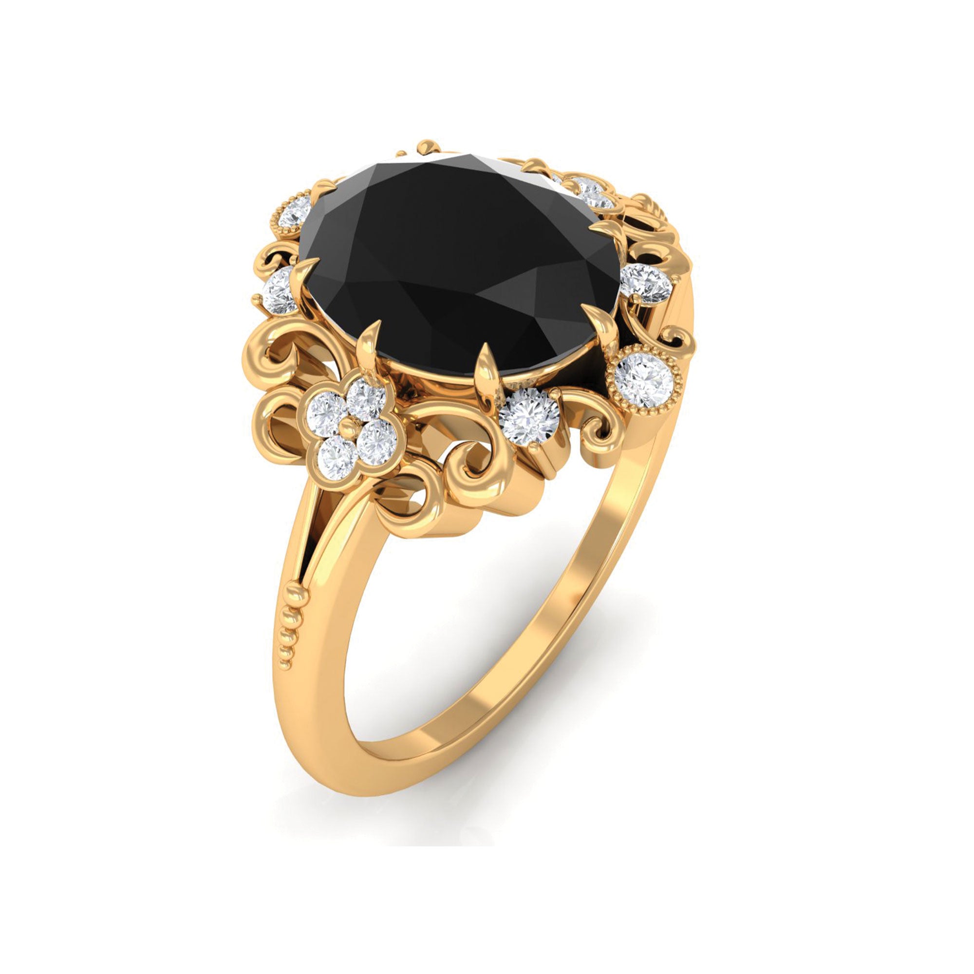 Vintage Inspired Black Onyx Engagement Ring with Diamond Black Onyx - ( AAA ) - Quality - Rosec Jewels