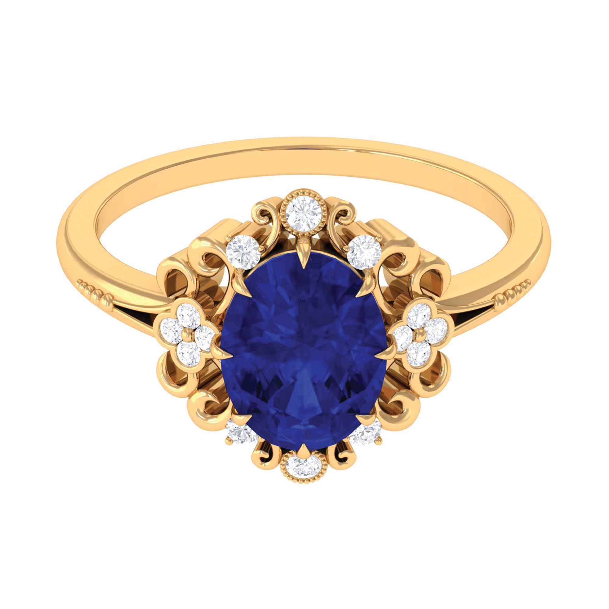 Vintage Inspired Created Blue Sapphire Engagement Ring with Diamond Lab Created Blue Sapphire - ( AAAA ) - Quality - Rosec Jewels