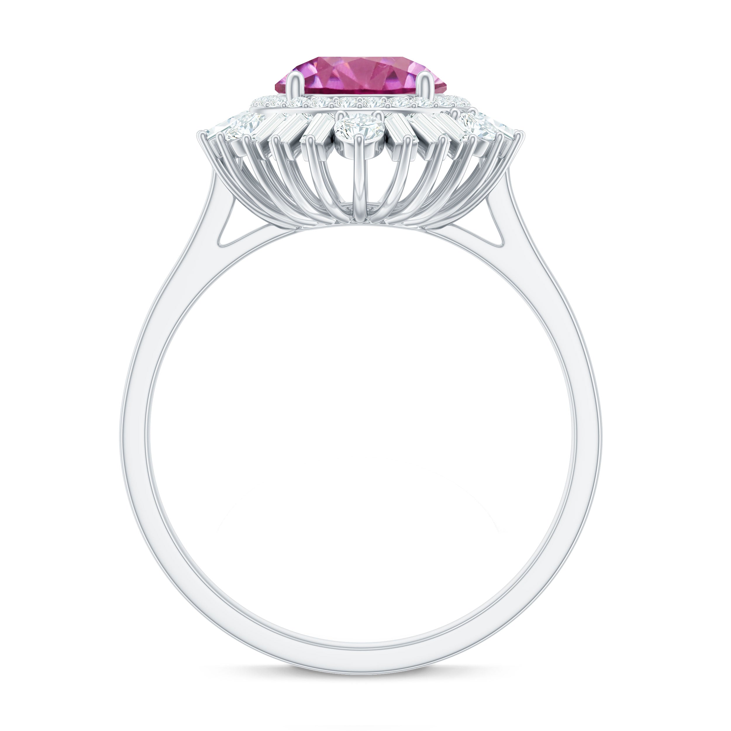 2 CT Round Pink Tourmaline Cocktail Ring with Moissanite Double Halo Pink Tourmaline - ( AAA ) - Quality - Rosec Jewels