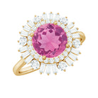 2 CT Round Pink Tourmaline Cocktail Ring with Moissanite Double Halo Pink Tourmaline - ( AAA ) - Quality - Rosec Jewels