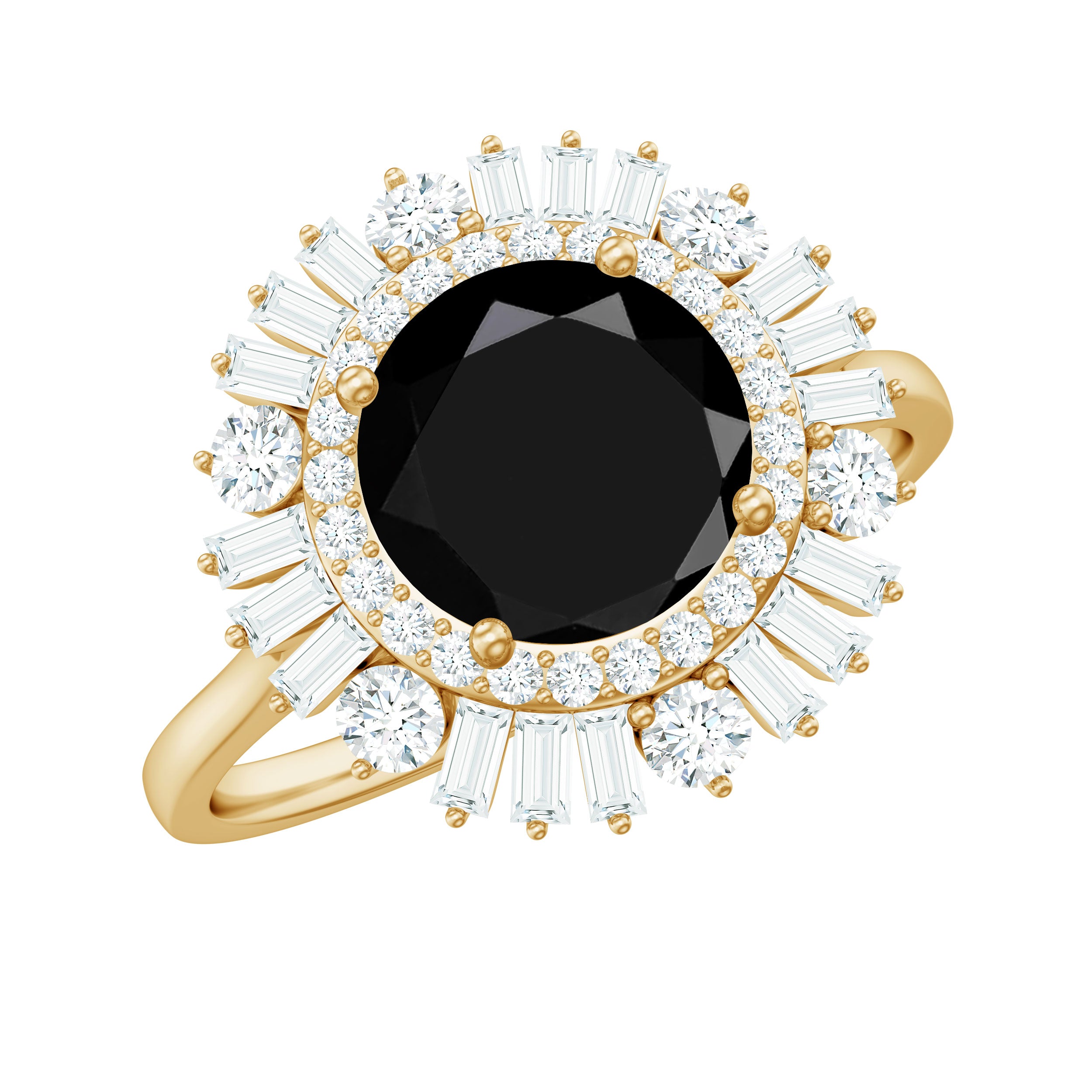 Black Onyx Cocktail Engagement Ring with Moissanite Double Halo Black Onyx - ( AAA ) - Quality - Rosec Jewels