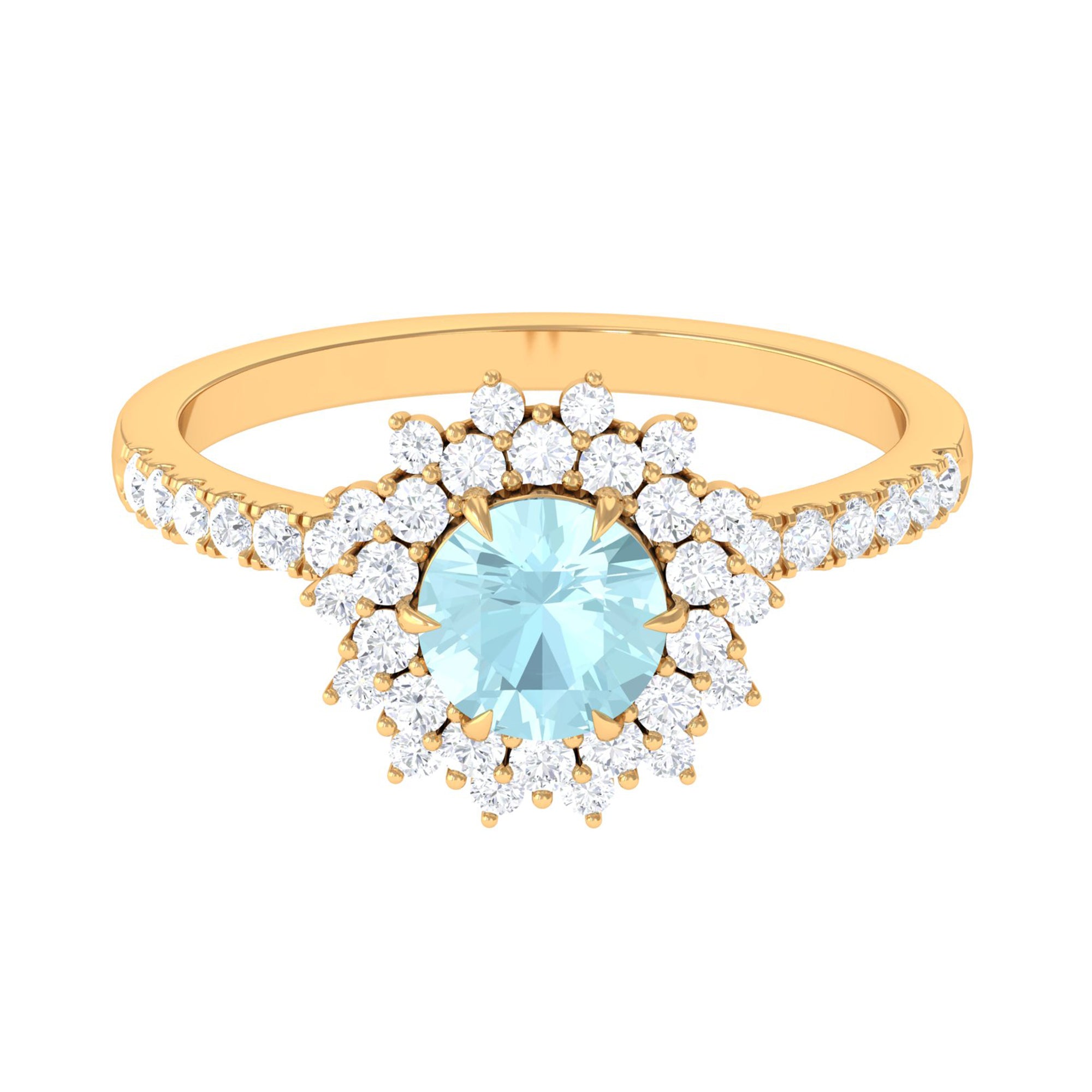 Round Sky Blue Topaz Statement Engagement Ring with Moissanite Cluster Halo Sky Blue Topaz - ( AAA ) - Quality - Rosec Jewels