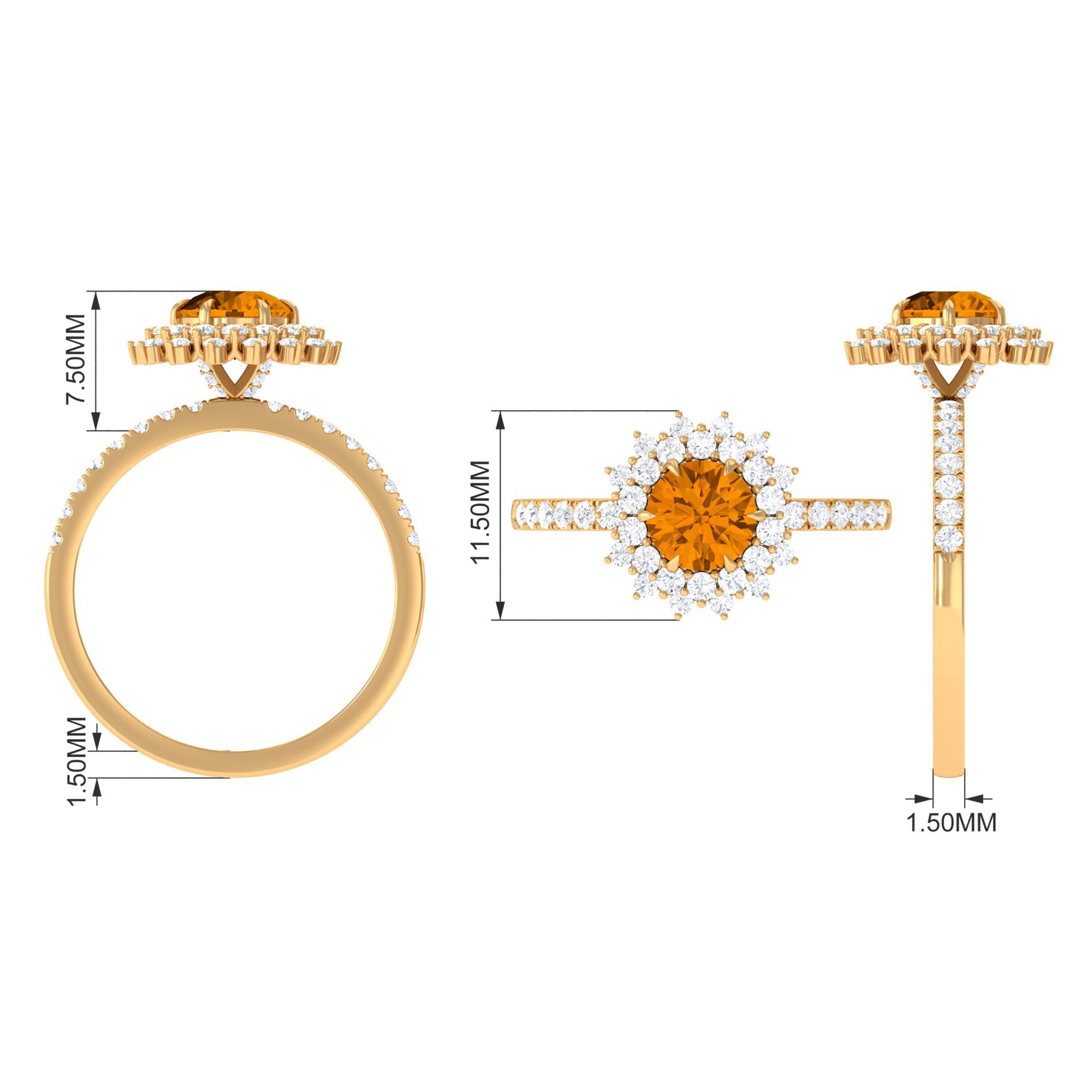 Round Citrine Statement Engagement Ring with Moissanite Cluster Halo Citrine - ( AAA ) - Quality - Rosec Jewels