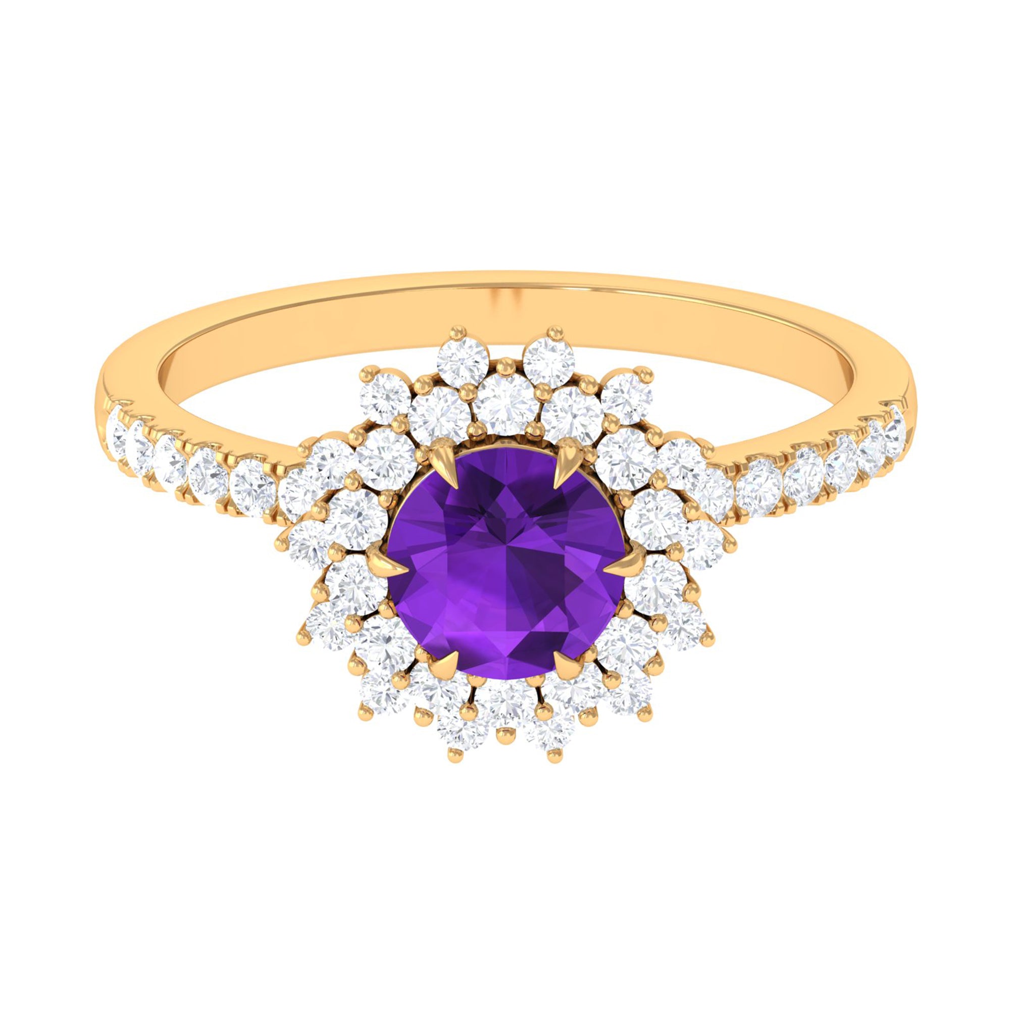 Round Amethyst Statement Engagement Ring with Moissanite Amethyst - ( AAA ) - Quality - Rosec Jewels