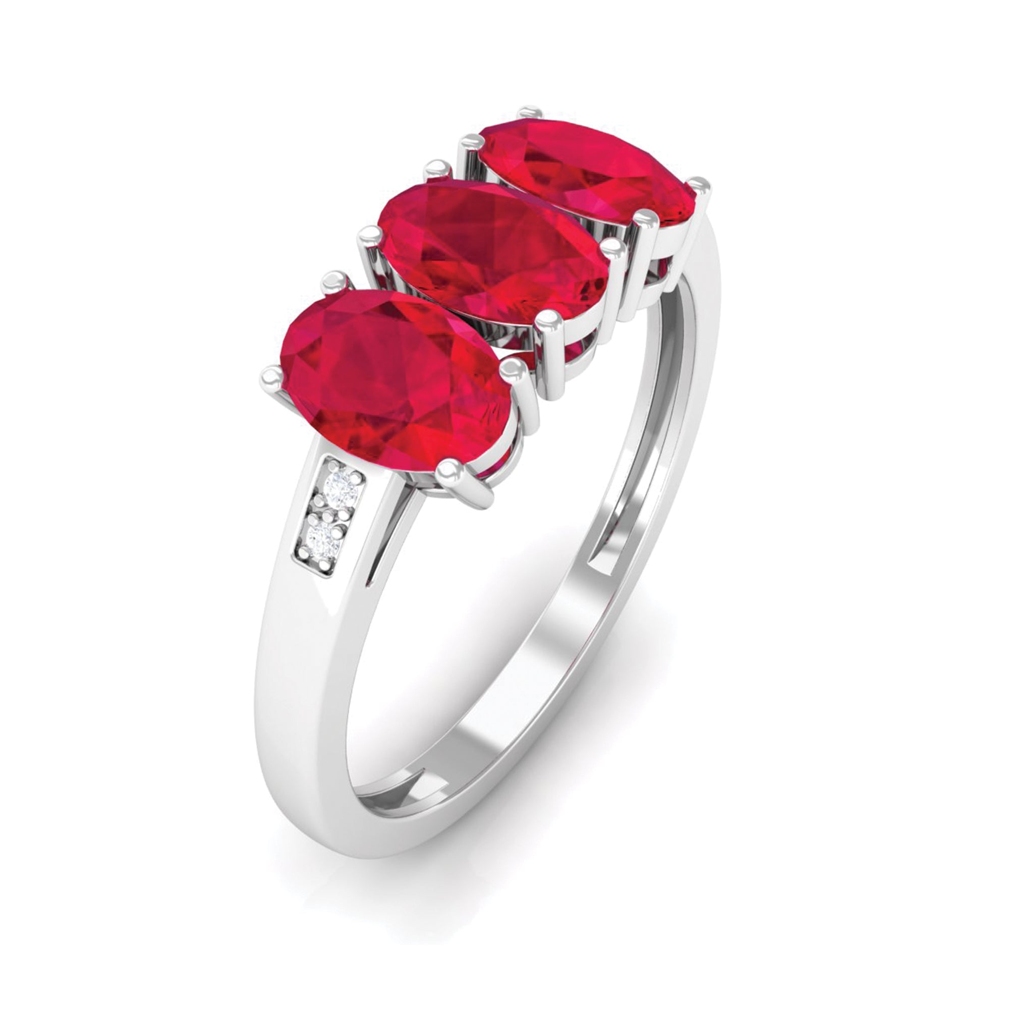 Oval Cut Created Ruby 3 Stone Engagement Ring with Diamond Lab Created Ruby - ( AAAA ) - Quality - Rosec Jewels