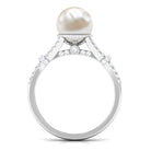 Natural White Freshwater Pearl Solitaire Engagement Ring with Diamond Freshwater Pearl - ( AAA ) - Quality - Rosec Jewels