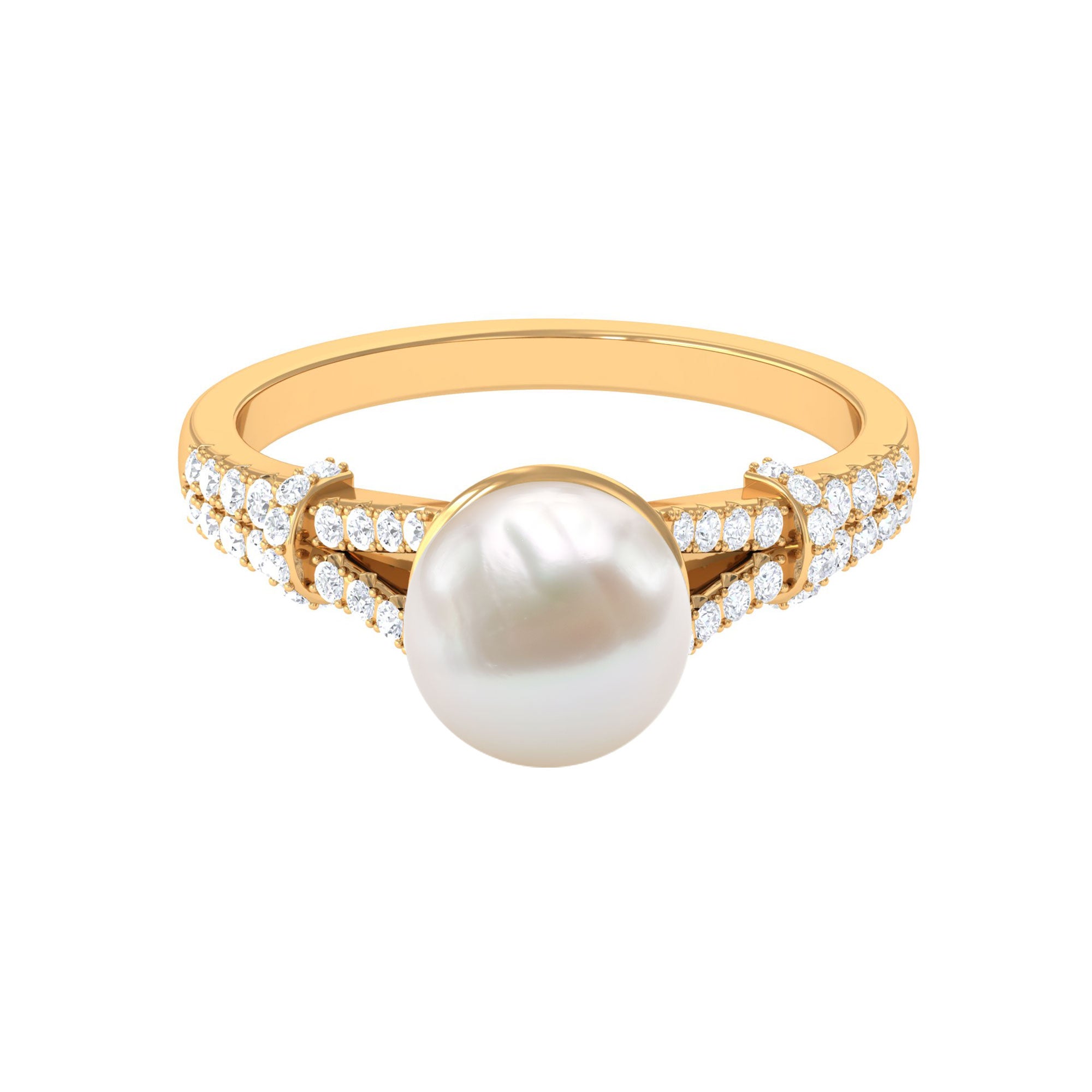 Natural White Freshwater Pearl Solitaire Engagement Ring with Diamond Freshwater Pearl - ( AAA ) - Quality - Rosec Jewels