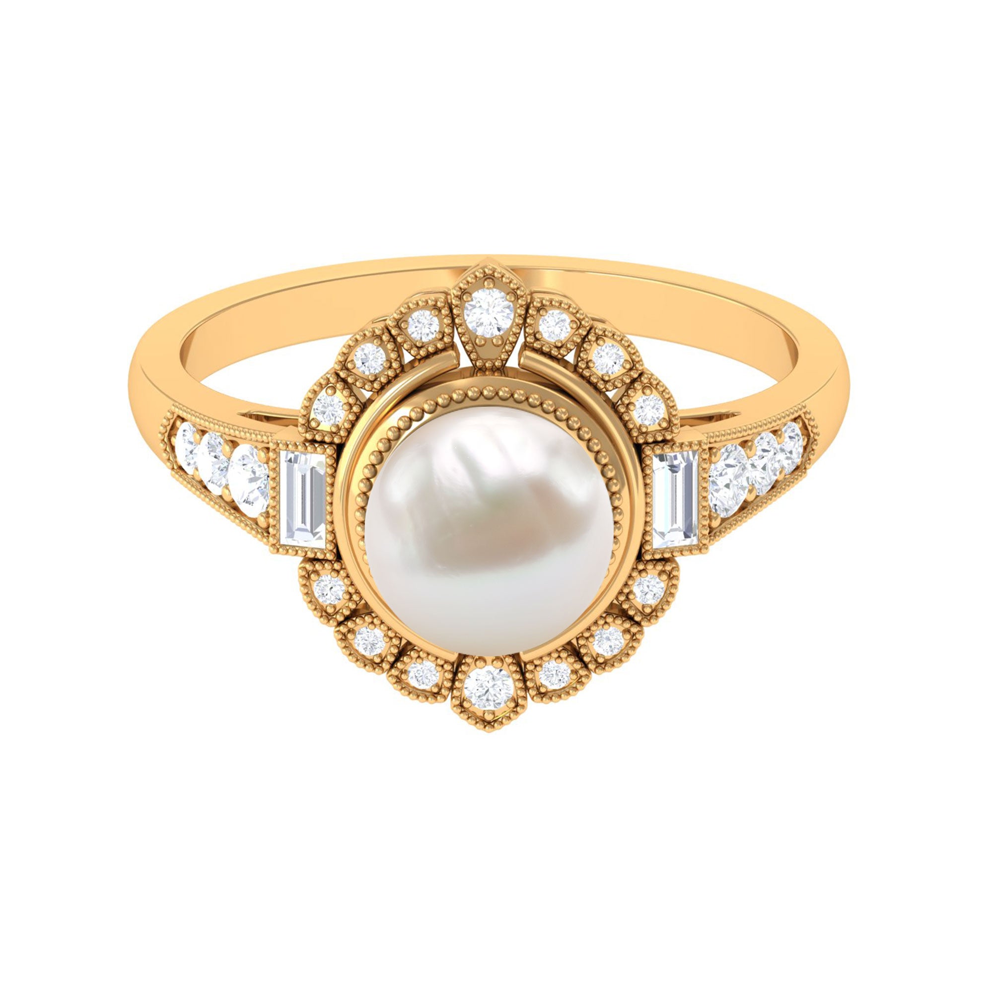 Vintage Style Freshwater Pearl and Diamond Engagement Ring Freshwater Pearl - ( AAA ) - Quality - Rosec Jewels