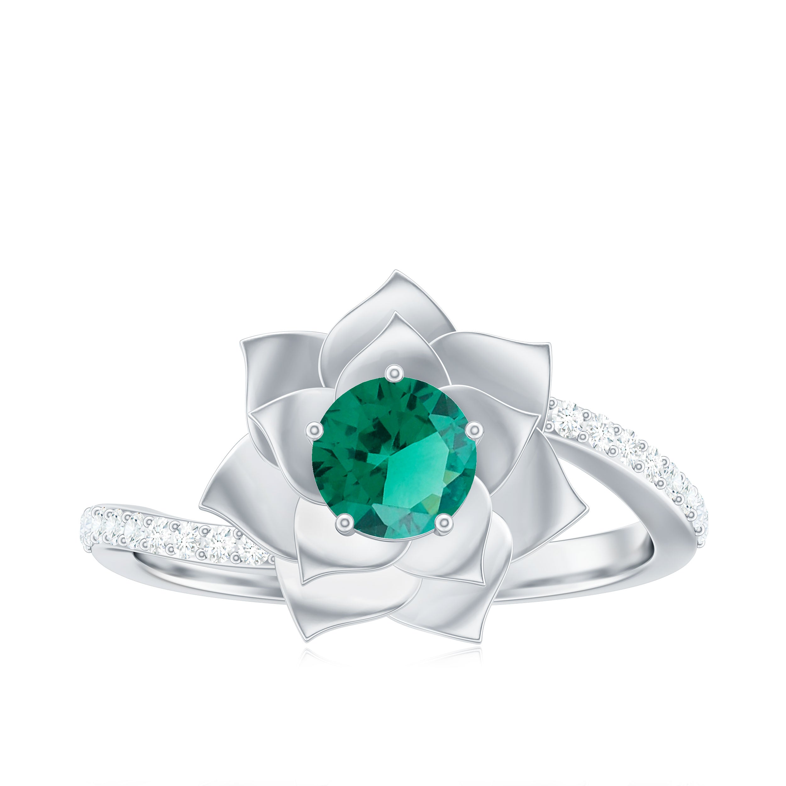 Created Emerald and Diamond Flower Engagement Ring with Bypass Shank Lab Created Emerald - ( AAAA ) - Quality - Rosec Jewels