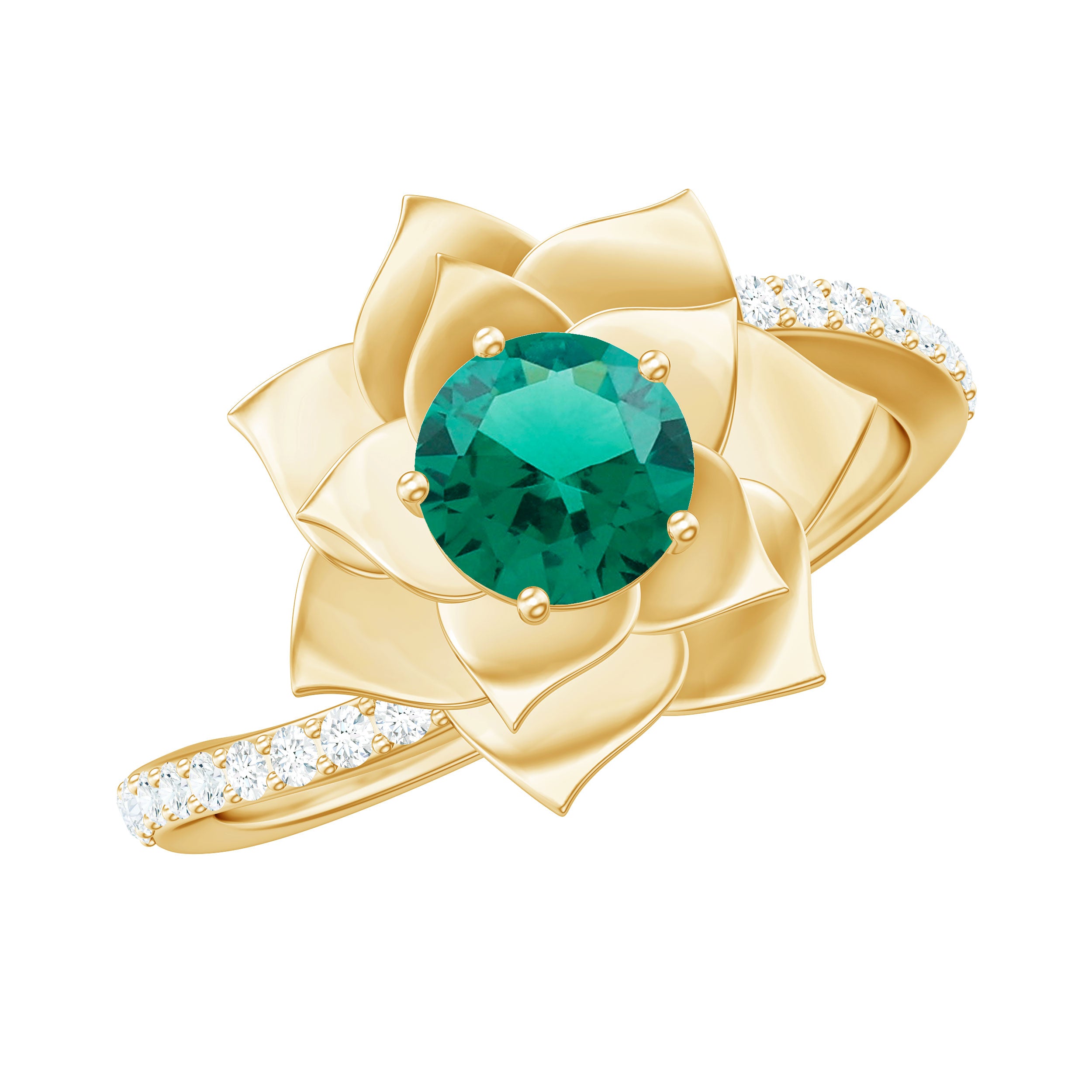 Created Emerald and Diamond Flower Engagement Ring with Bypass Shank Lab Created Emerald - ( AAAA ) - Quality - Rosec Jewels