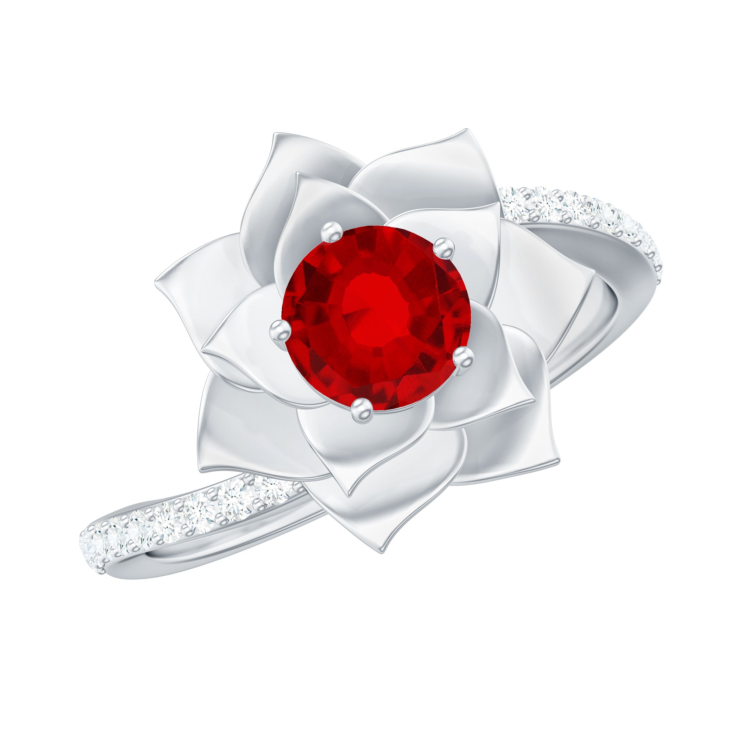 Lab-Created Ruby and Diamond Flower Ring in Bypass Shank Lab Created Ruby - ( AAAA ) - Quality - Rosec Jewels