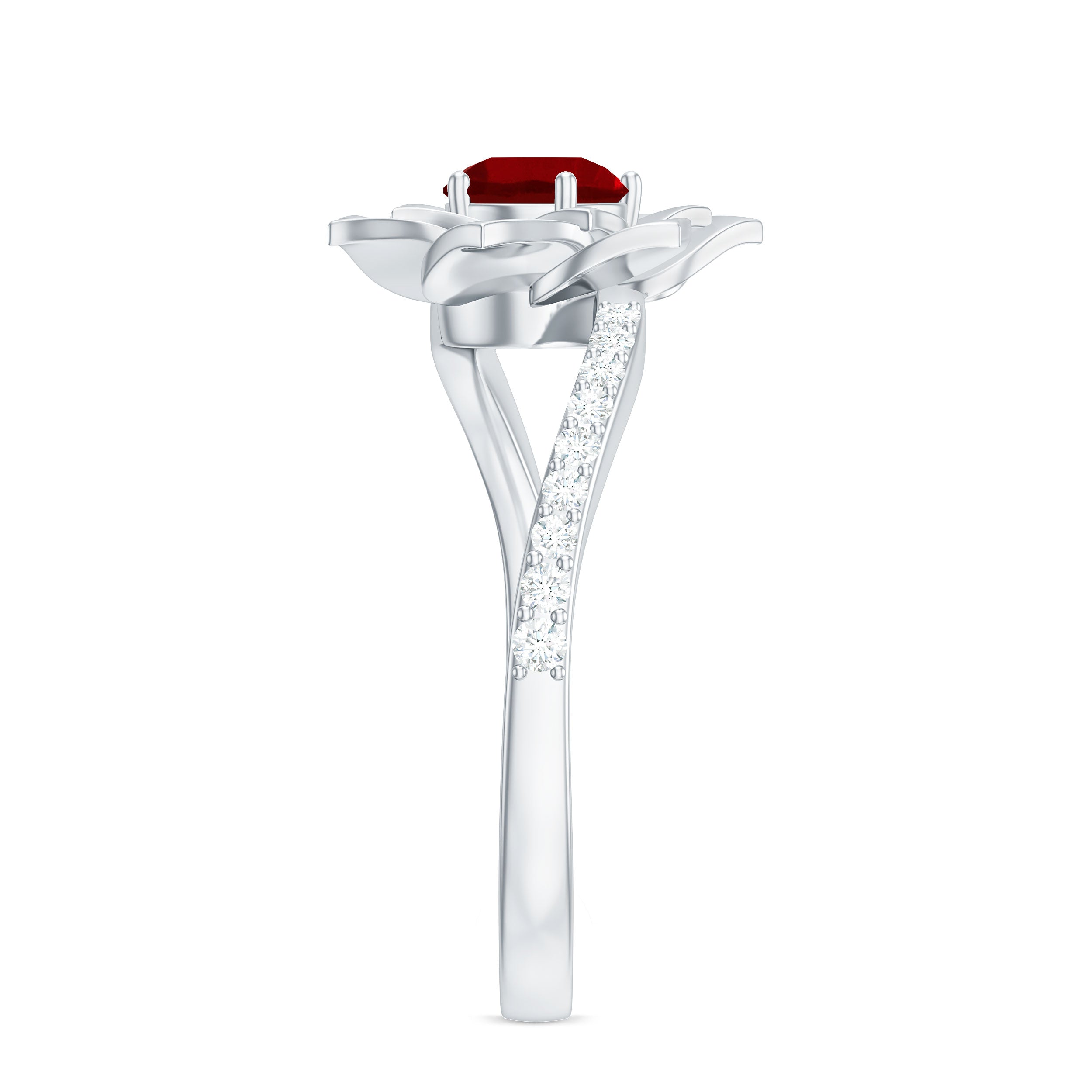 Lab-Created Ruby and Diamond Flower Ring in Bypass Shank Lab Created Ruby - ( AAAA ) - Quality - Rosec Jewels