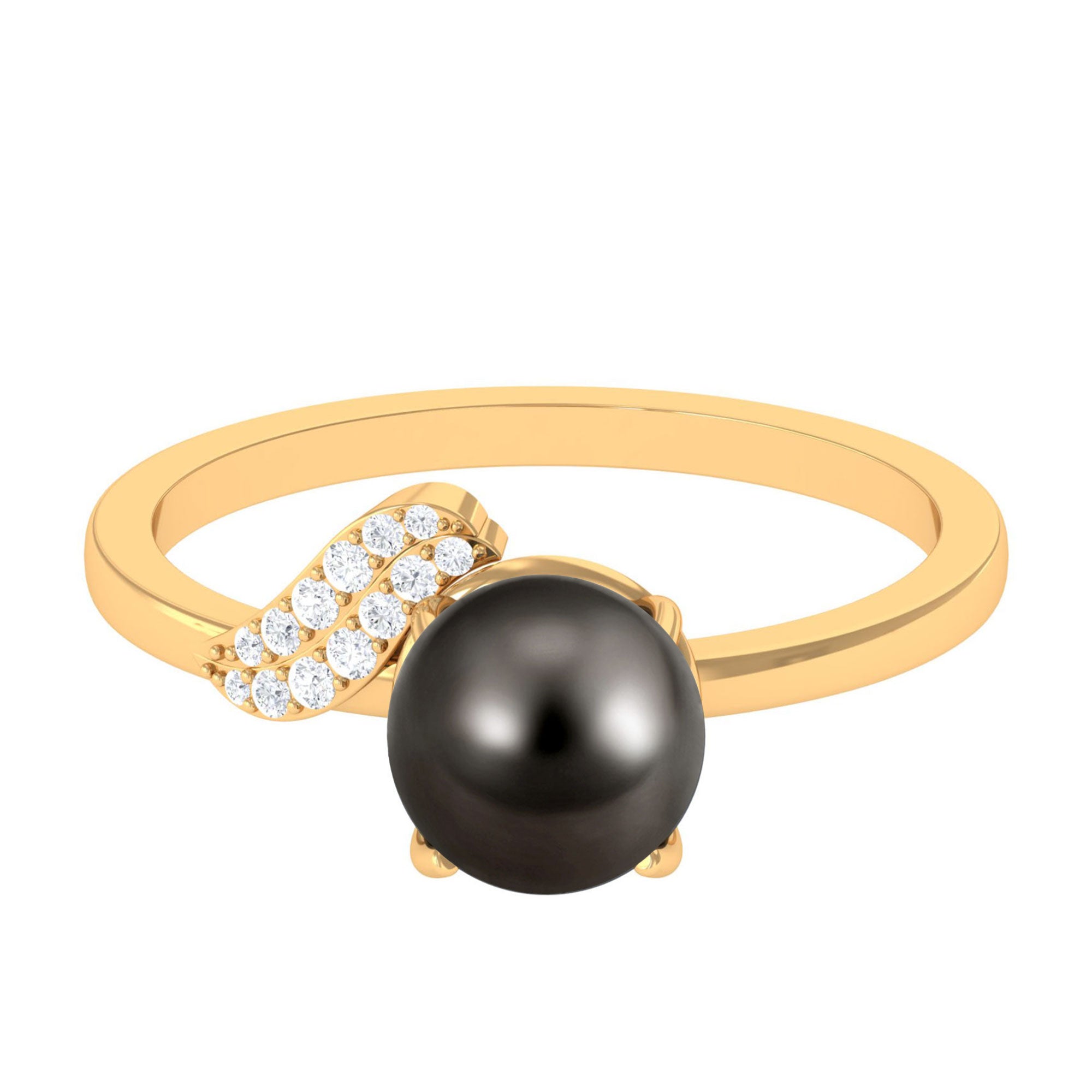 Classic Tahitian Pearl Solitaire Engagement Ring with Diamond Leaf Tahitian pearl - ( AAA ) - Quality - Rosec Jewels