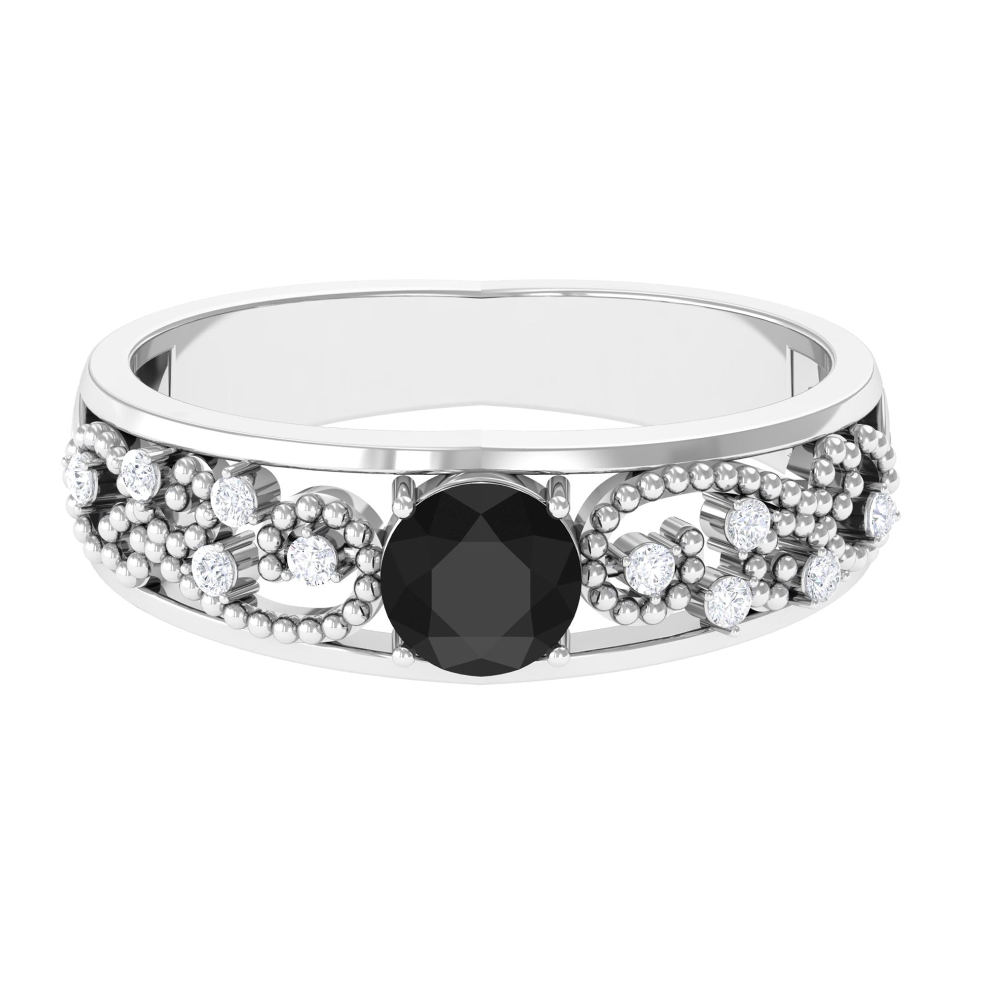 1 CT Beaded Created Black Diamond Solitaire Band Ring with Diamond Accent Lab Created Black Diamond - ( AAAA ) - Quality - Rosec Jewels