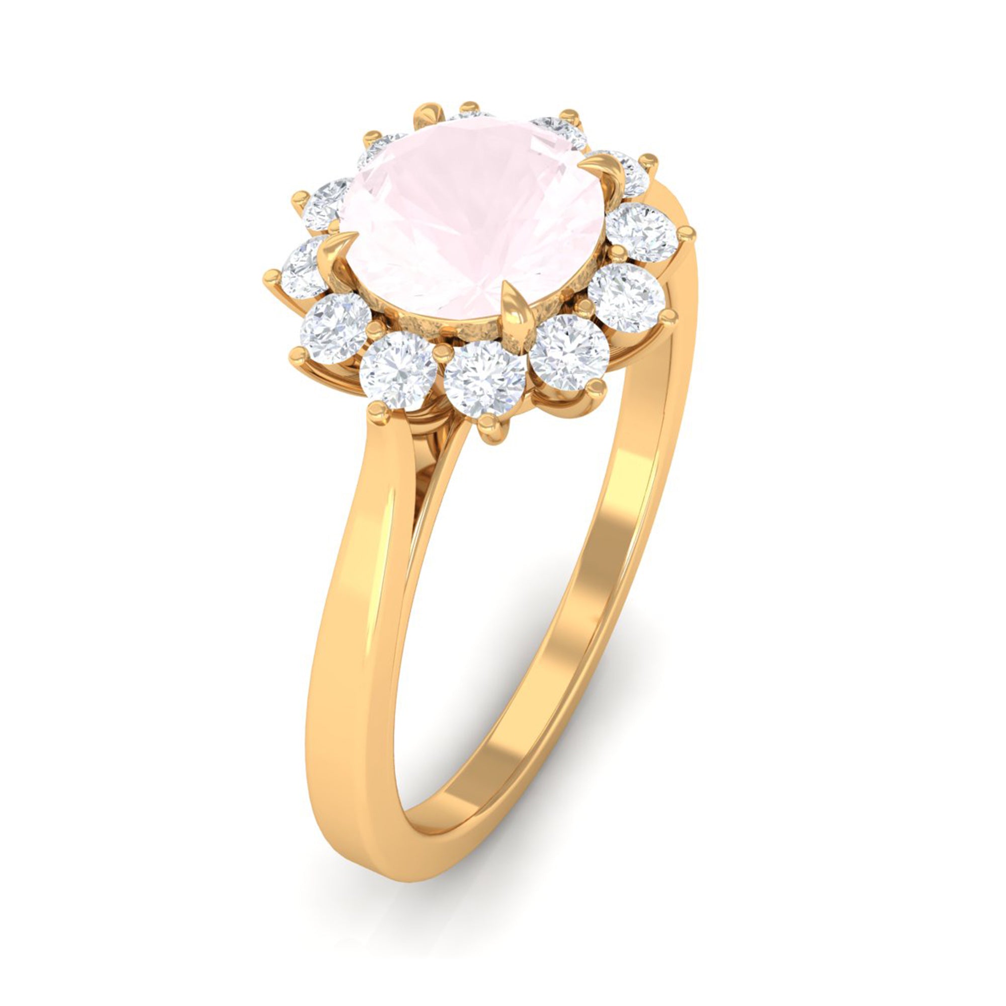 Round Shape Natural Rose Quartz Halo Ring with Diamond Rose Quartz - ( AAA ) - Quality - Rosec Jewels