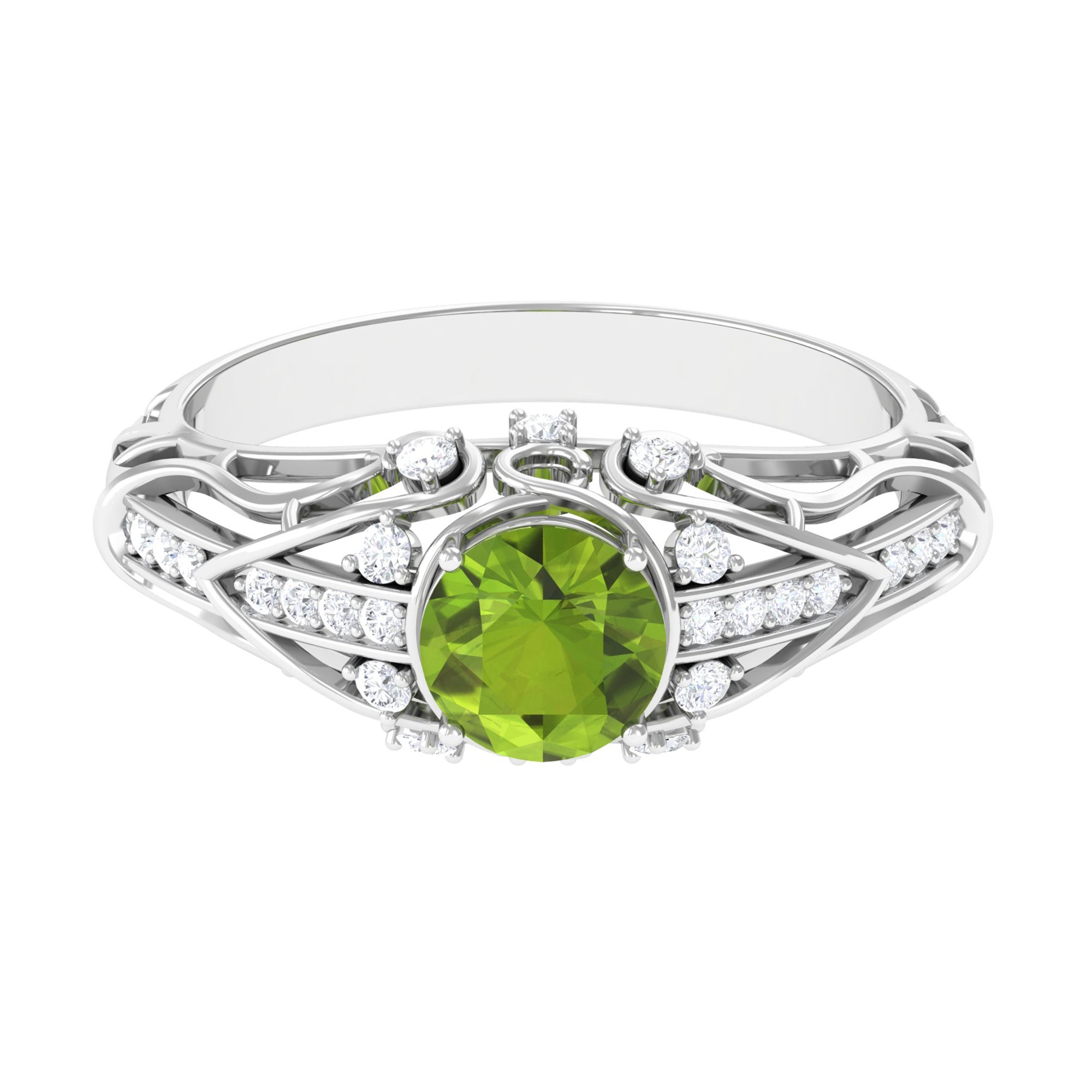 Antique Style Round Peridot Engagement Ring with Diamond Peridot - ( AAA ) - Quality - Rosec Jewels