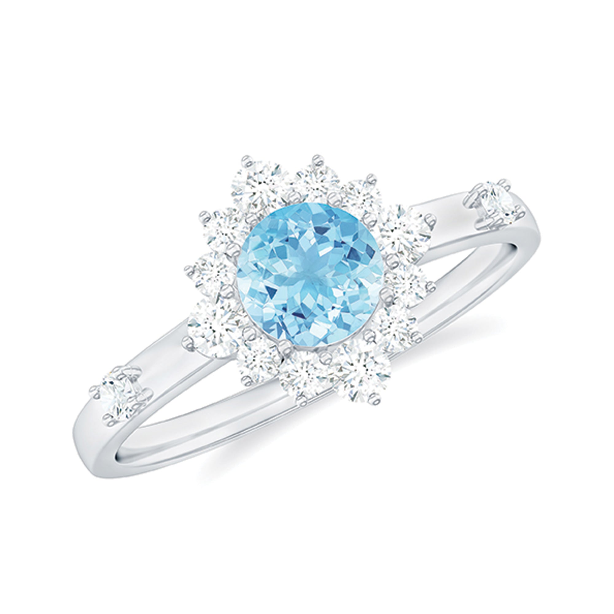 Round Aquamarine and Diamond Classic Halo Ring Aquamarine - ( AAA ) - Quality - Rosec Jewels