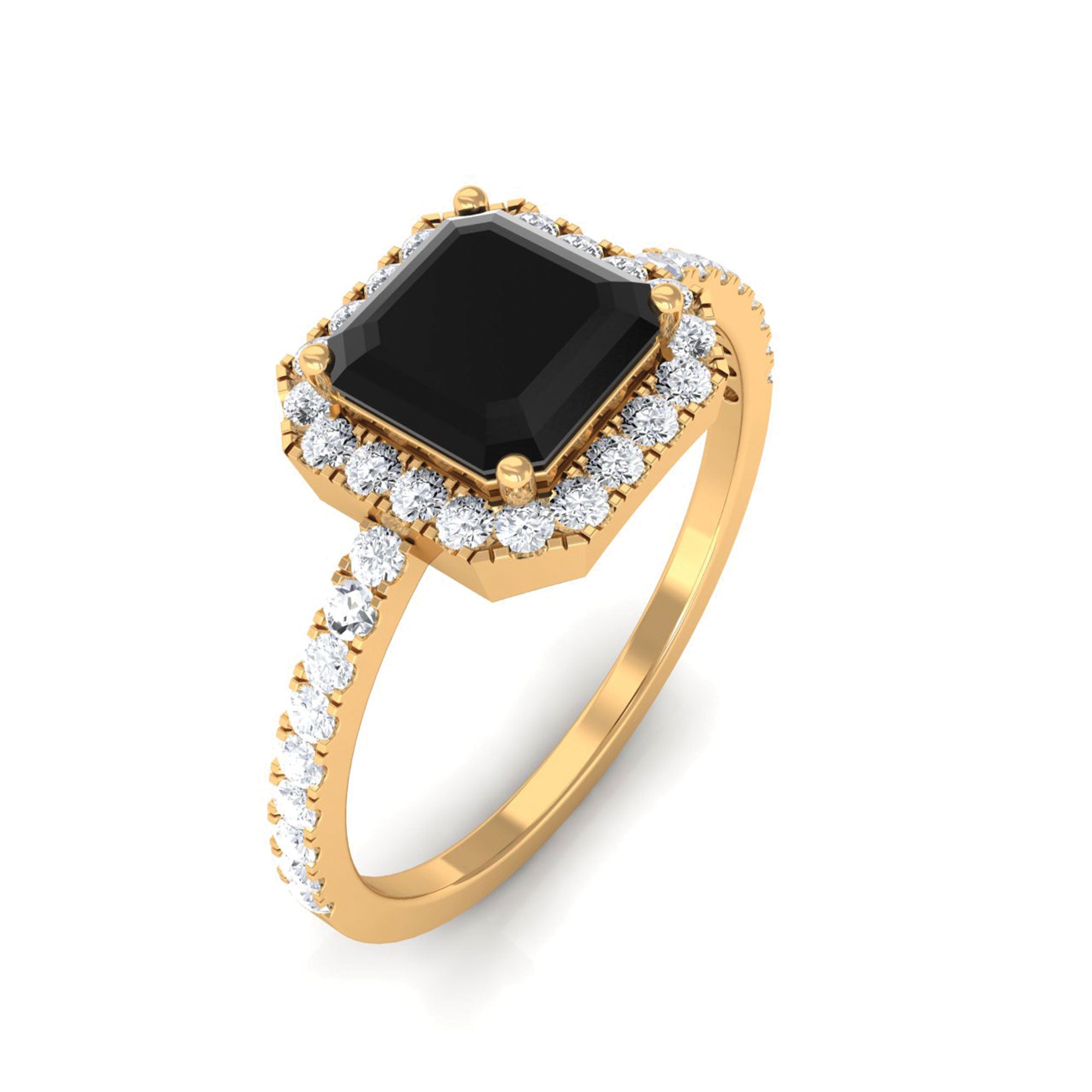 Asscher Cut Black Onyx and Diamond Halo Engagement Ring Black Onyx - ( AAA ) - Quality - Rosec Jewels