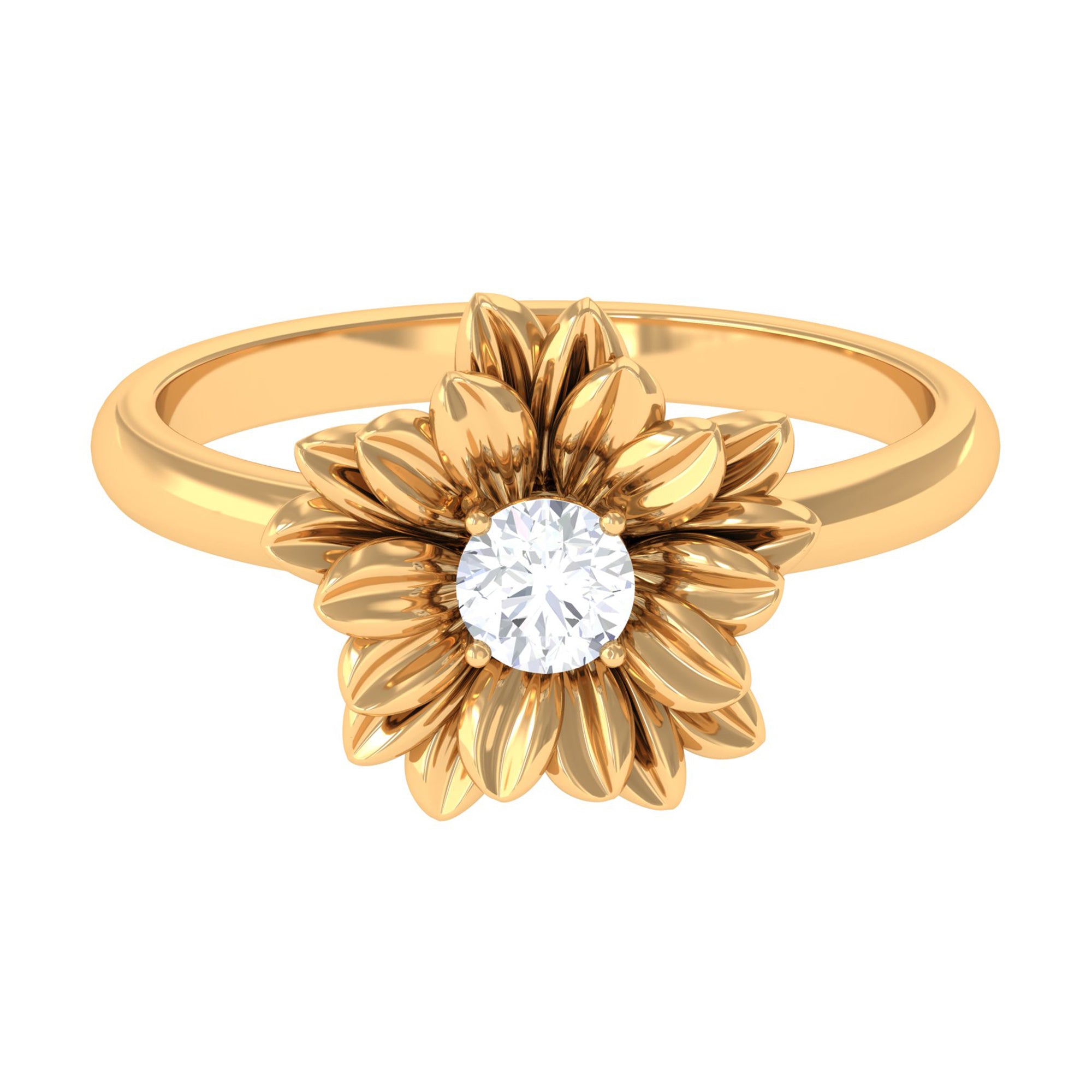 1/4 CT Round Cut Cubic Zirconia and Gold Flower Engagement Ring Zircon - ( AAAA ) - Quality - Rosec Jewels