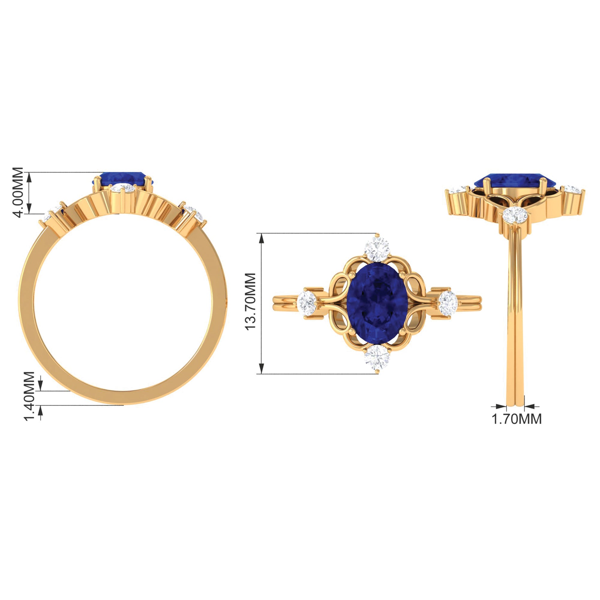 Oval Cut Solitaire Created Blue Sapphire Engagement Ring with Diamond Lab Created Blue Sapphire - ( AAAA ) - Quality - Rosec Jewels