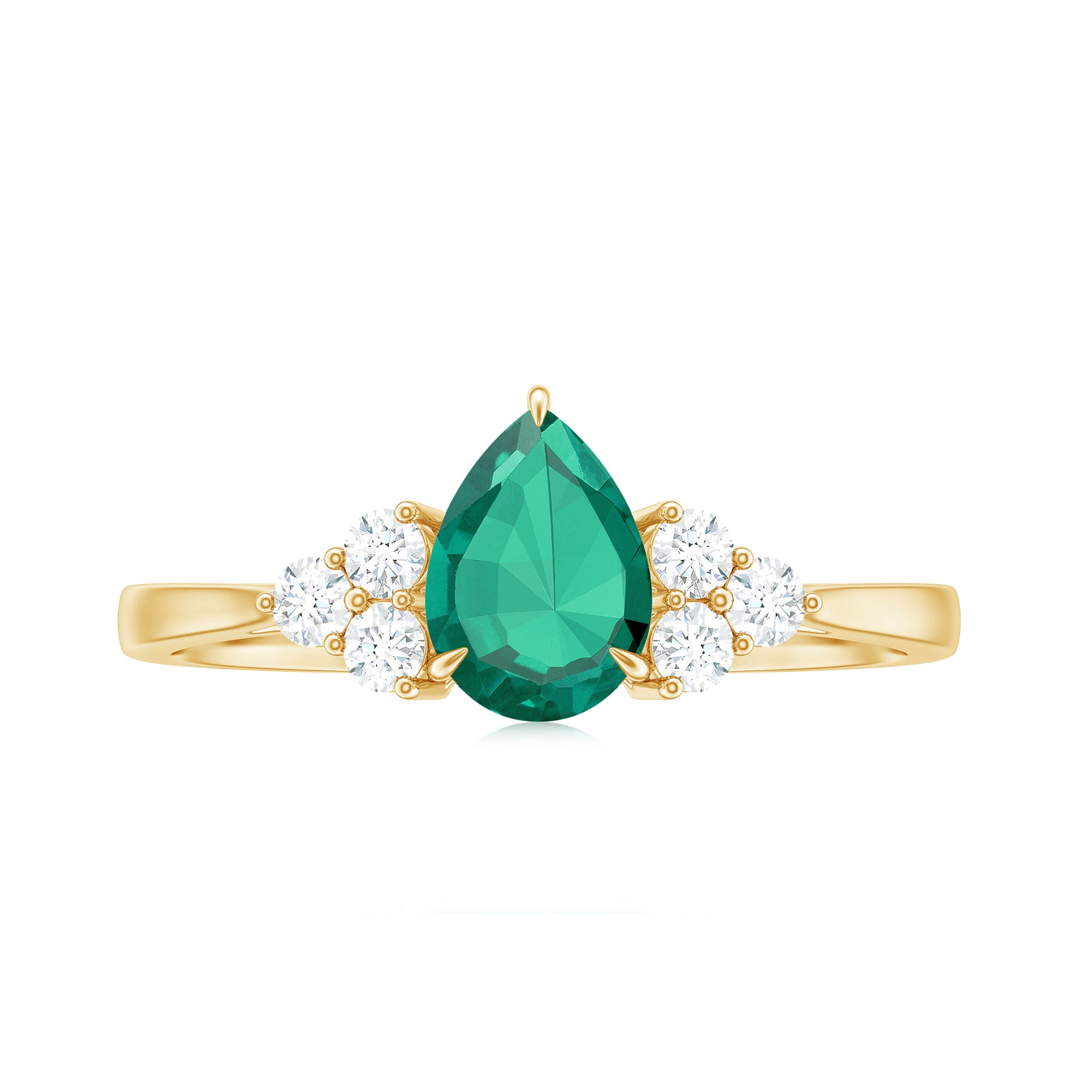 Pear Shaped Created Emerald Solitaire Engagement Ring with Diamond Trio Lab Created Emerald - ( AAAA ) - Quality - Rosec Jewels